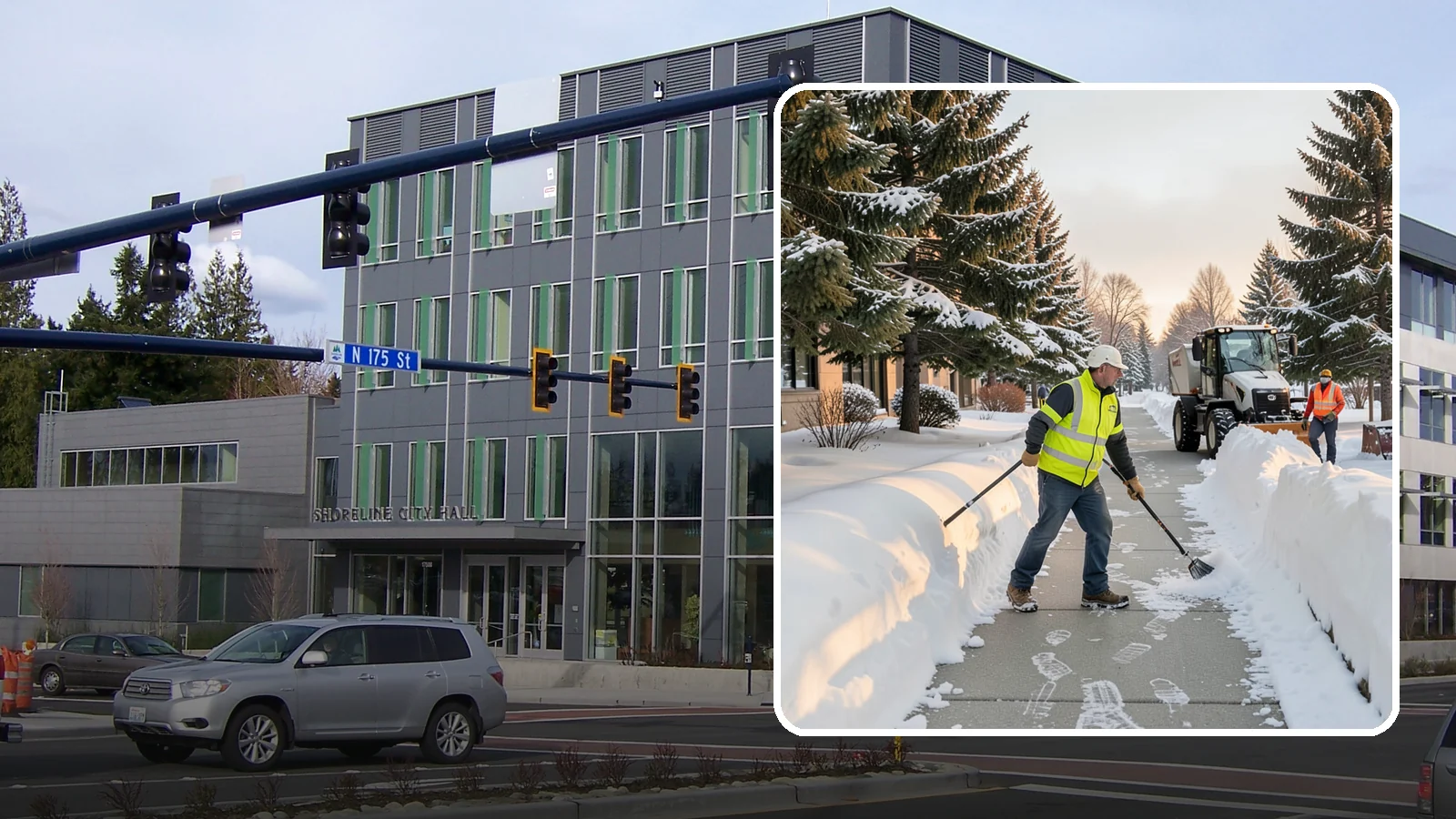 Fitness Center Sidewalk Clearing in Shoreline, King County, WA - Early-hours entrance sidewalk clearing for Western Washington fitness centers, keeping the walk safe for members arriving before...
