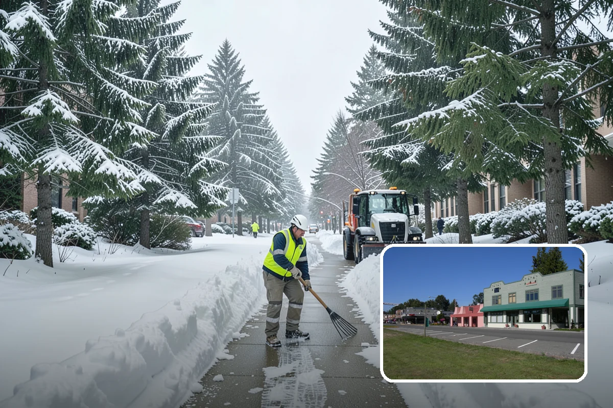 Fitness Center Sidewalk Clearing in Snoqualmie, King County, WA - Entrance cleared before the pre-dawn member rush