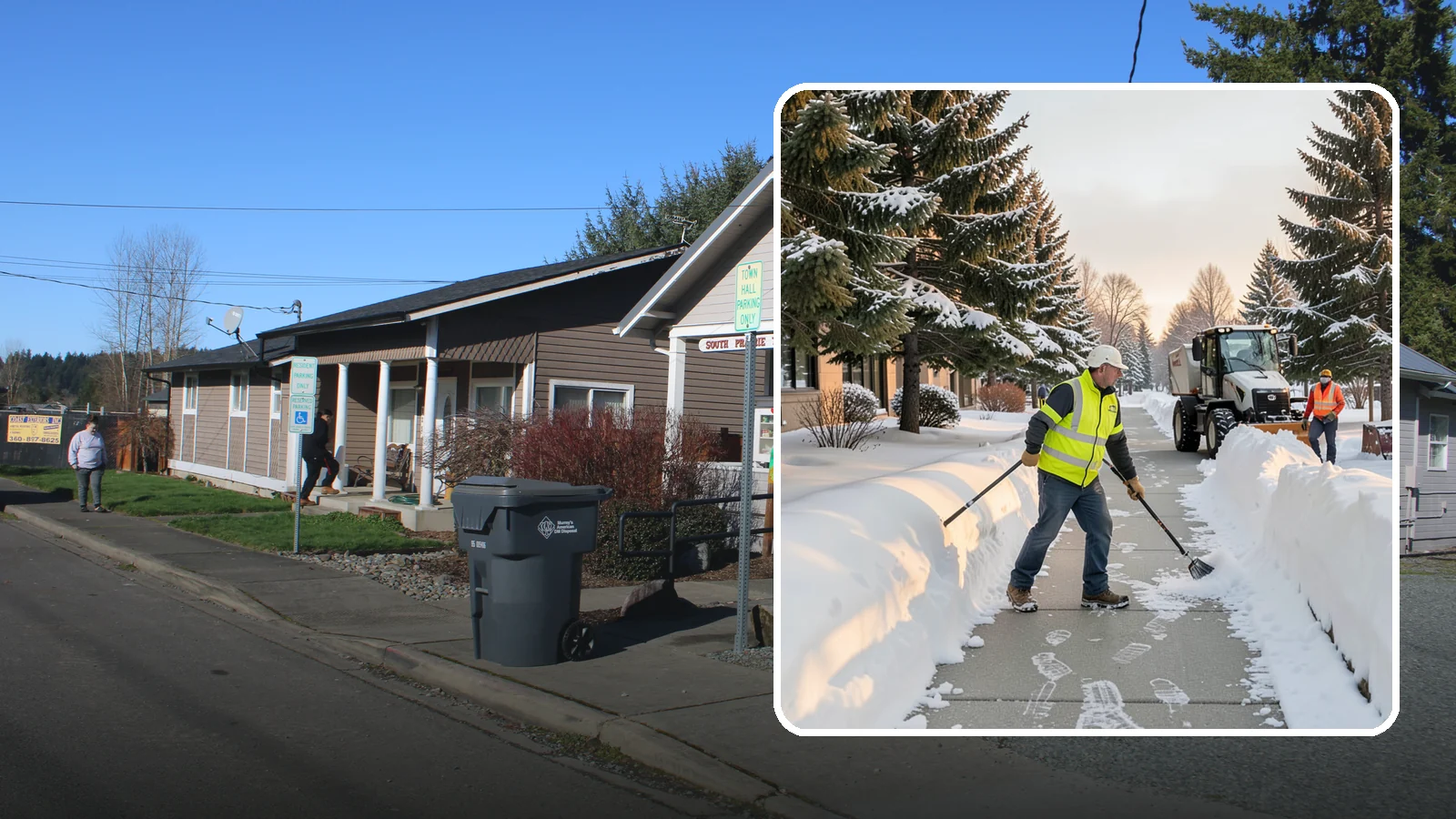 Fitness Center Sidewalk Clearing in South Prairie, Pierce County, WA - Early-hours entrance sidewalk clearing for Western Washington fitness centers, keeping the walk safe for members arriving before...