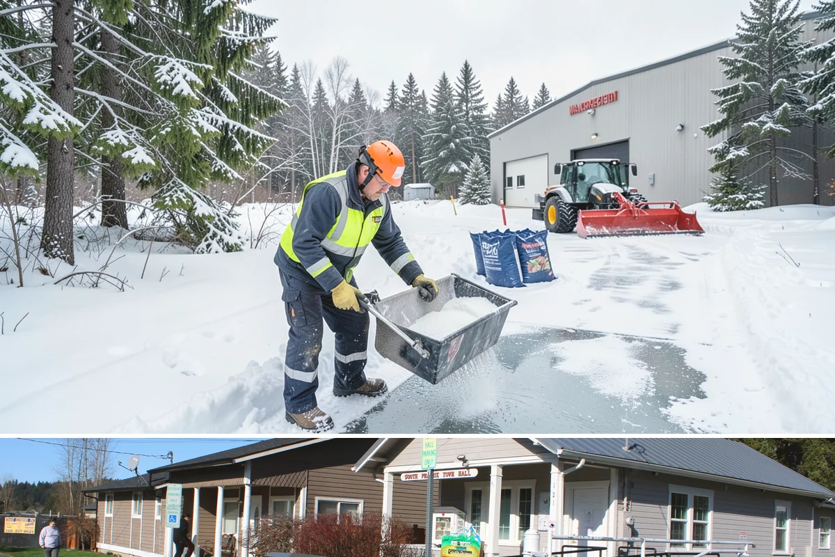 Fitness Center Sidewalk Clearing in South Prairie, Pierce County, WA - Fitness center demand peaks from December through February, when pre-dawn arrivals meet the coldest, most glazed walks of the day.