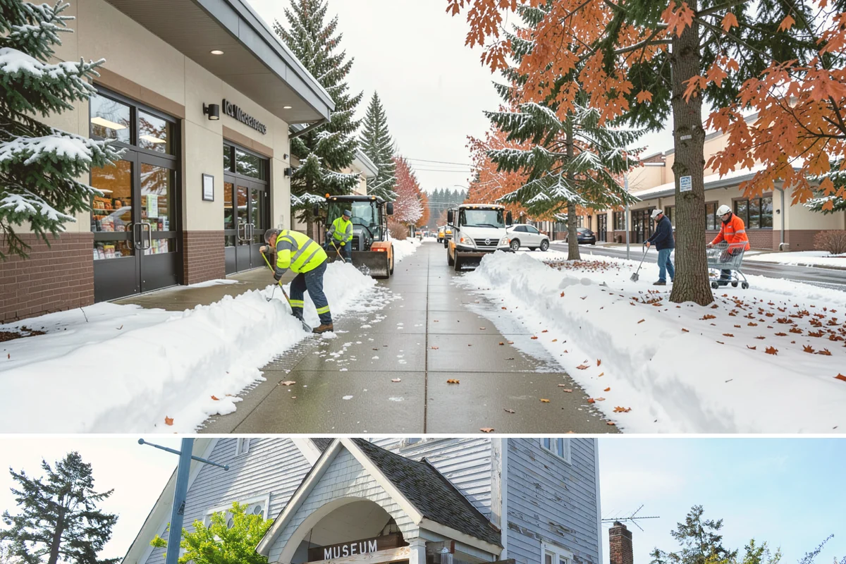 Fitness Center Sidewalk Clearing in Steilacoom, Pierce County, WA - Fitness center demand peaks from December through February, when pre-dawn arrivals meet the coldest, most glazed walks of the day.