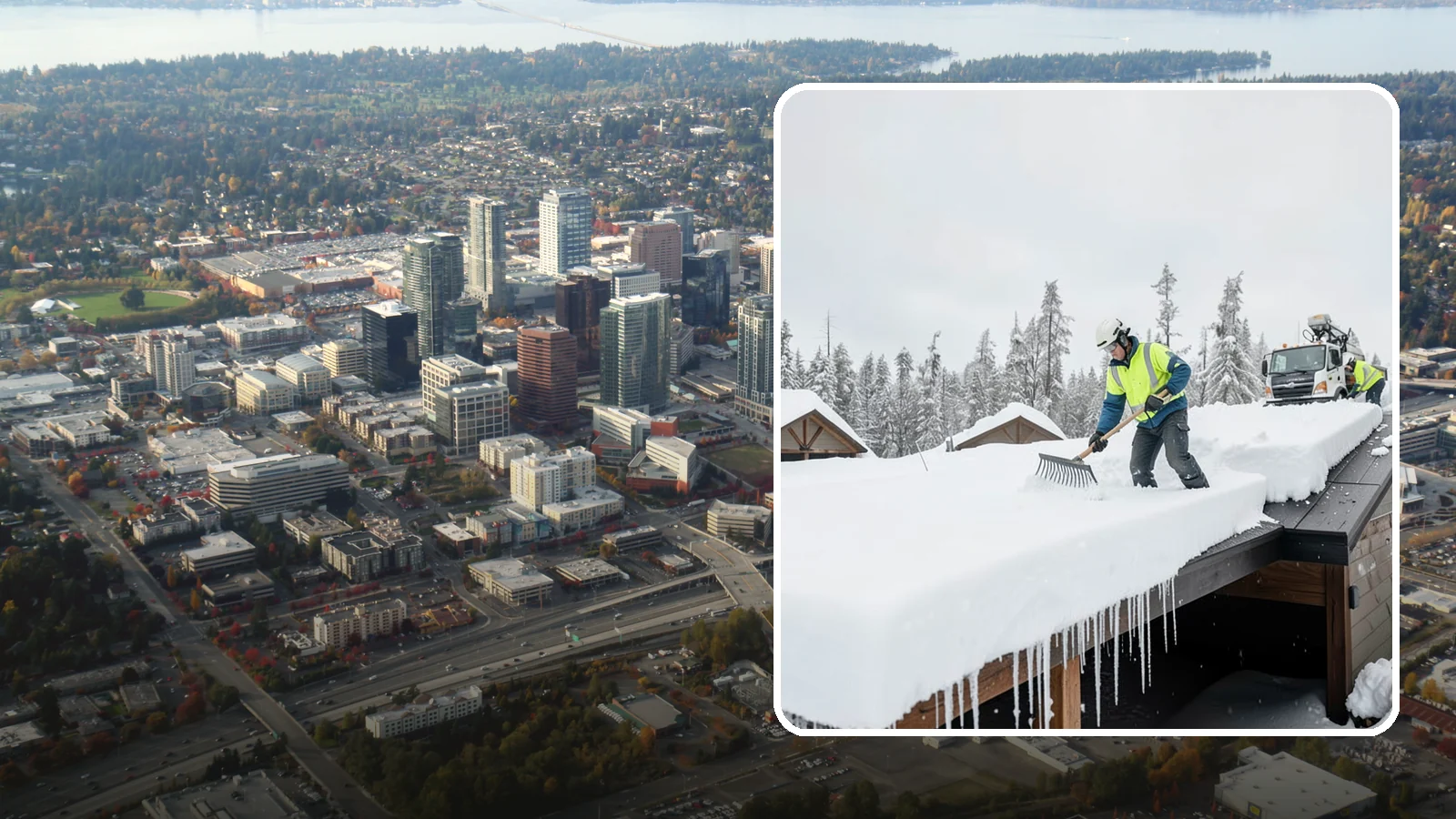 Flat Roof Snow Removal in Bellevue, King County, WA - We clear snow from flat and low-slope roofs where drainage is poor and loads concentrate quickly.