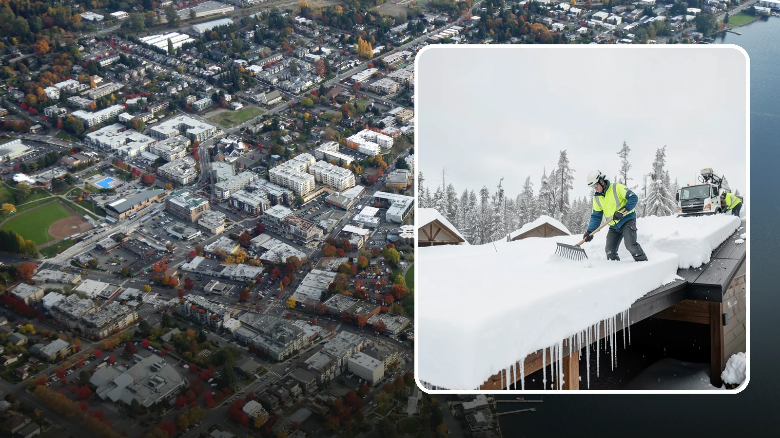 Flat Roof Snow Removal in Kirkland, King County, WA - We clear snow from flat and low-slope roofs where drainage is poor and loads concentrate quickly.