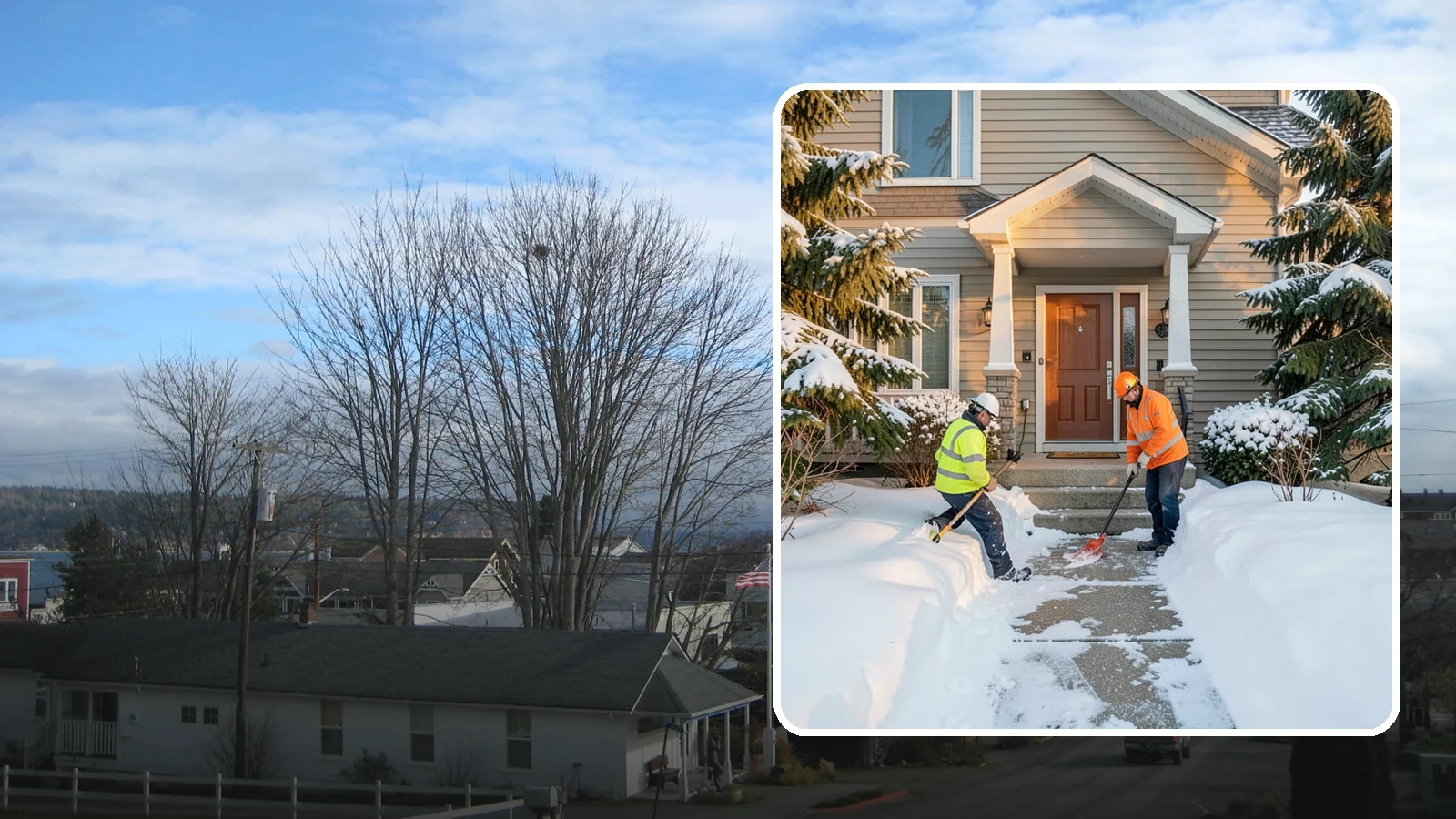 Front Entrance Snow Removal in Langley, Island County, WA - We clear the approach to your front door so guests, deliveries, and family arrive without slipping on iced concrete.