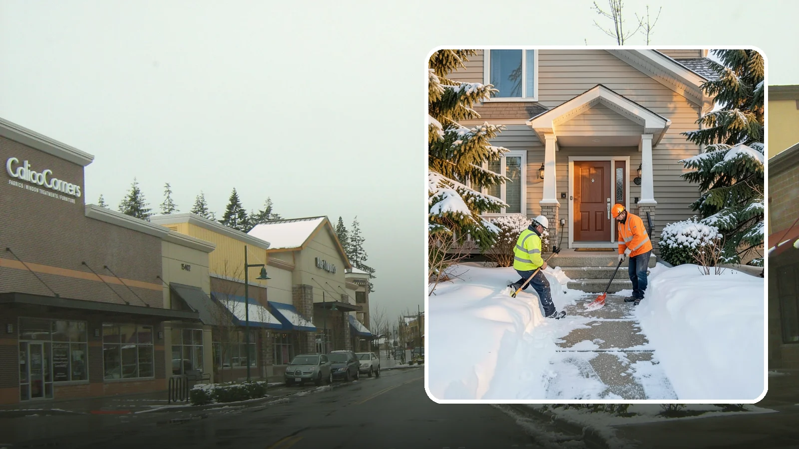 Front Entrance Snow Removal in Mill Creek, Snohomish County, WA - We clear the approach to your front door so guests, deliveries, and family arrive without slipping on iced concrete.