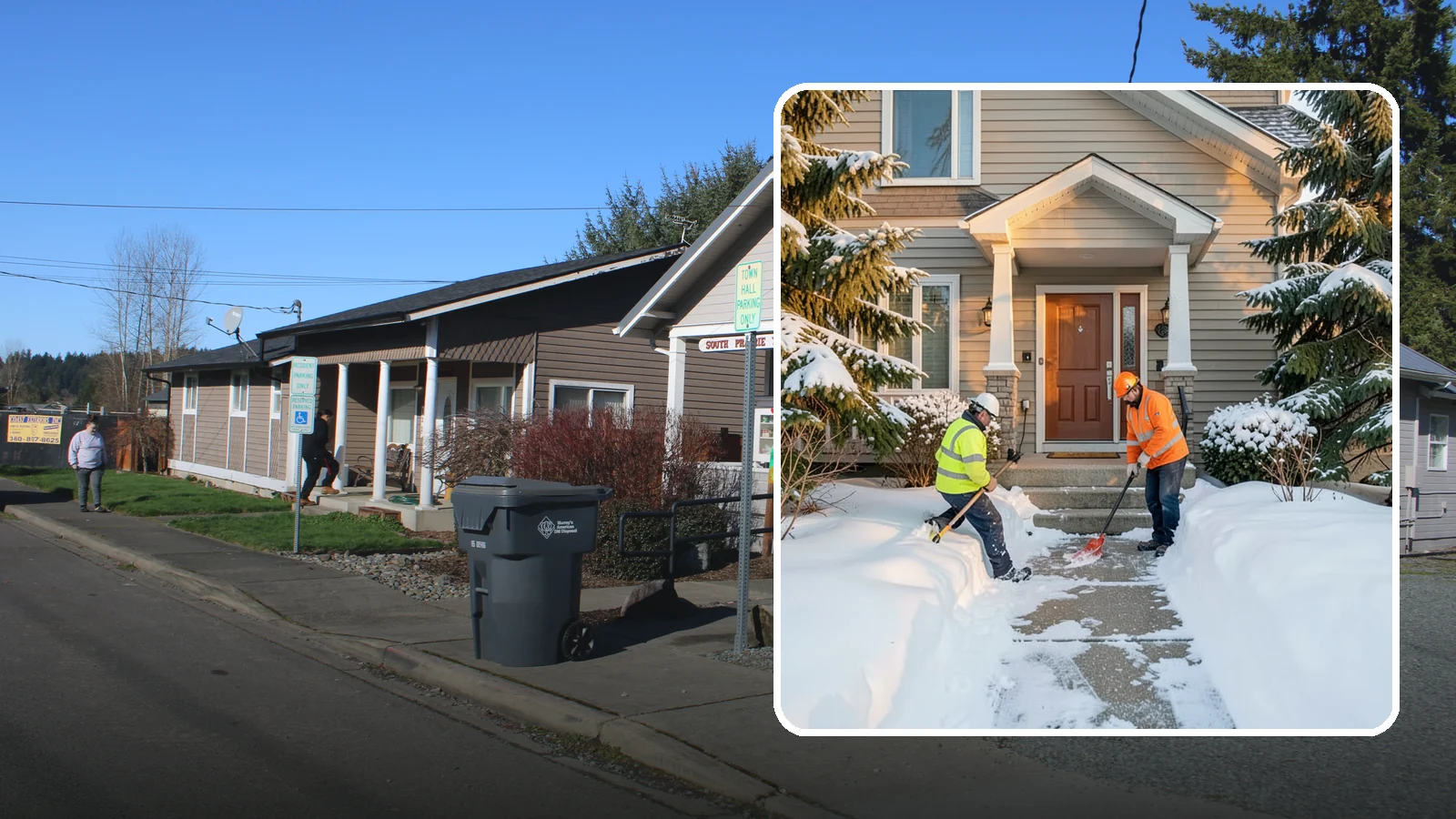 Front Entrance Snow Removal in South Prairie, Pierce County, WA - We clear the approach to your front door so guests, deliveries, and family arrive without slipping on iced concrete.