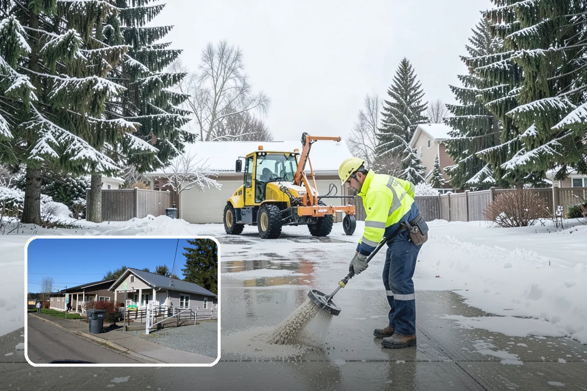 Front Entrance Snow Removal in South Prairie, Pierce County, WA - Removes the ice glaze that forms on shaded thresholds