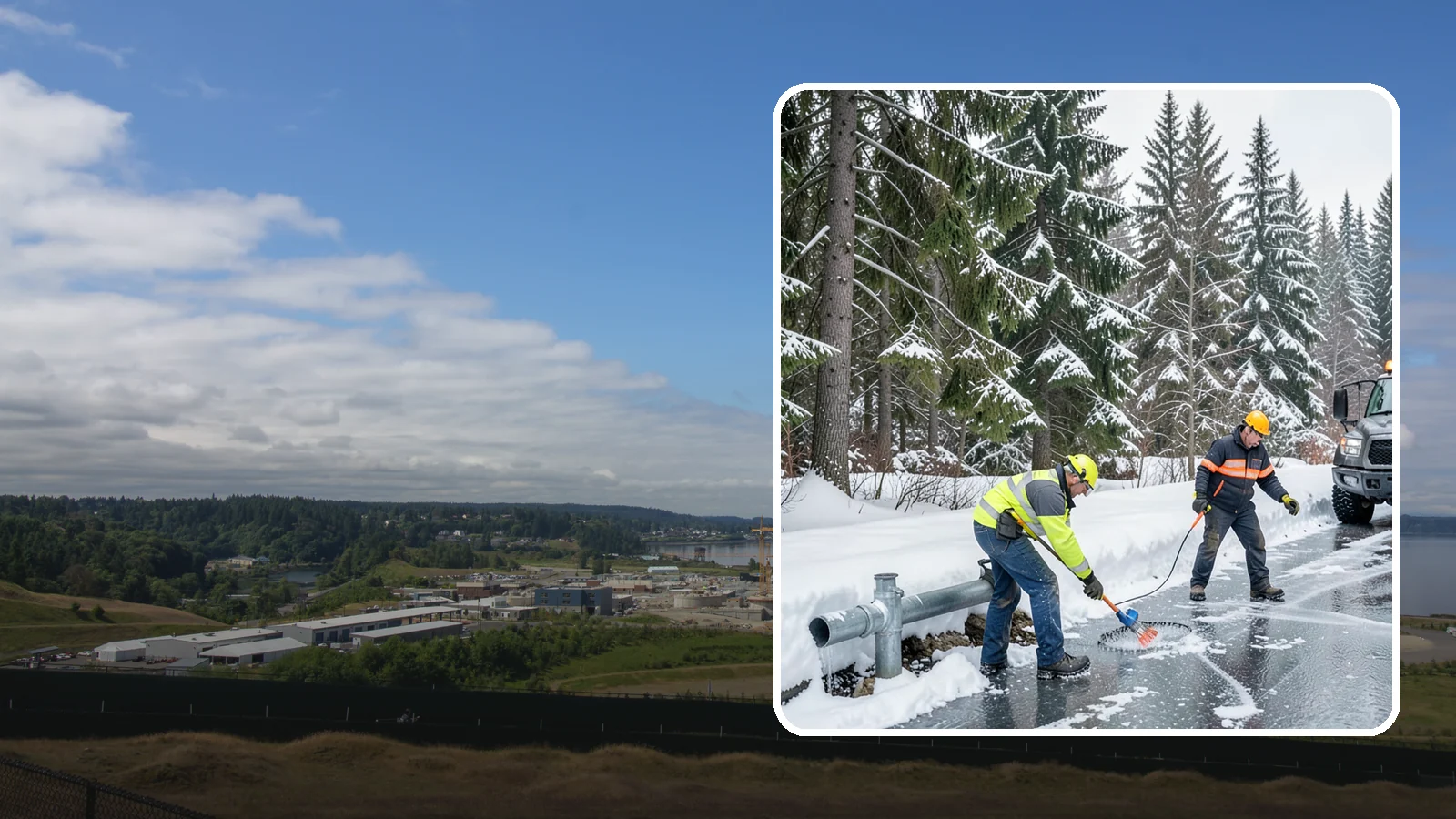 Frozen Pipe Area Access in University Place, Pierce County, WA - We clear snow and ice away from wellheads, backflow assemblies, and exposed plumbing so you can reach and protect them during a...