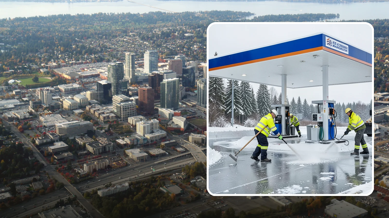 Gas Station Deicing in Bellevue, King County, WA - Deicing for gas stations and convenience stores, keeping fuel islands, pump approaches, and store entrances safe during a hard...