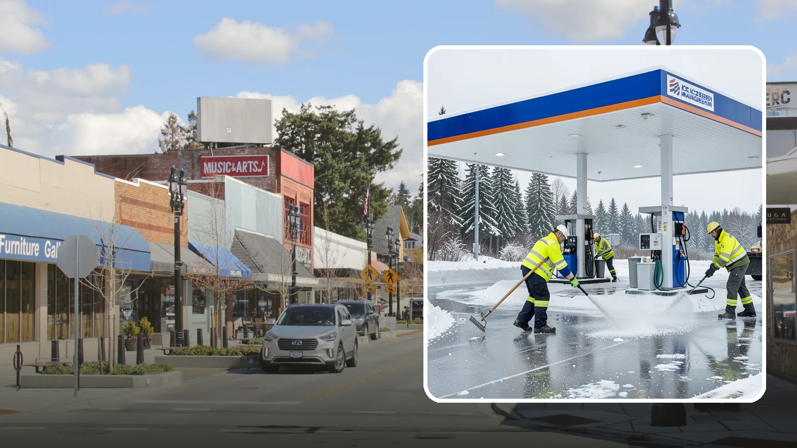 Gas Station Deicing in Bothell, King County, WA - Deicing for gas stations and convenience stores, keeping fuel islands, pump approaches, and store entrances safe during a hard...