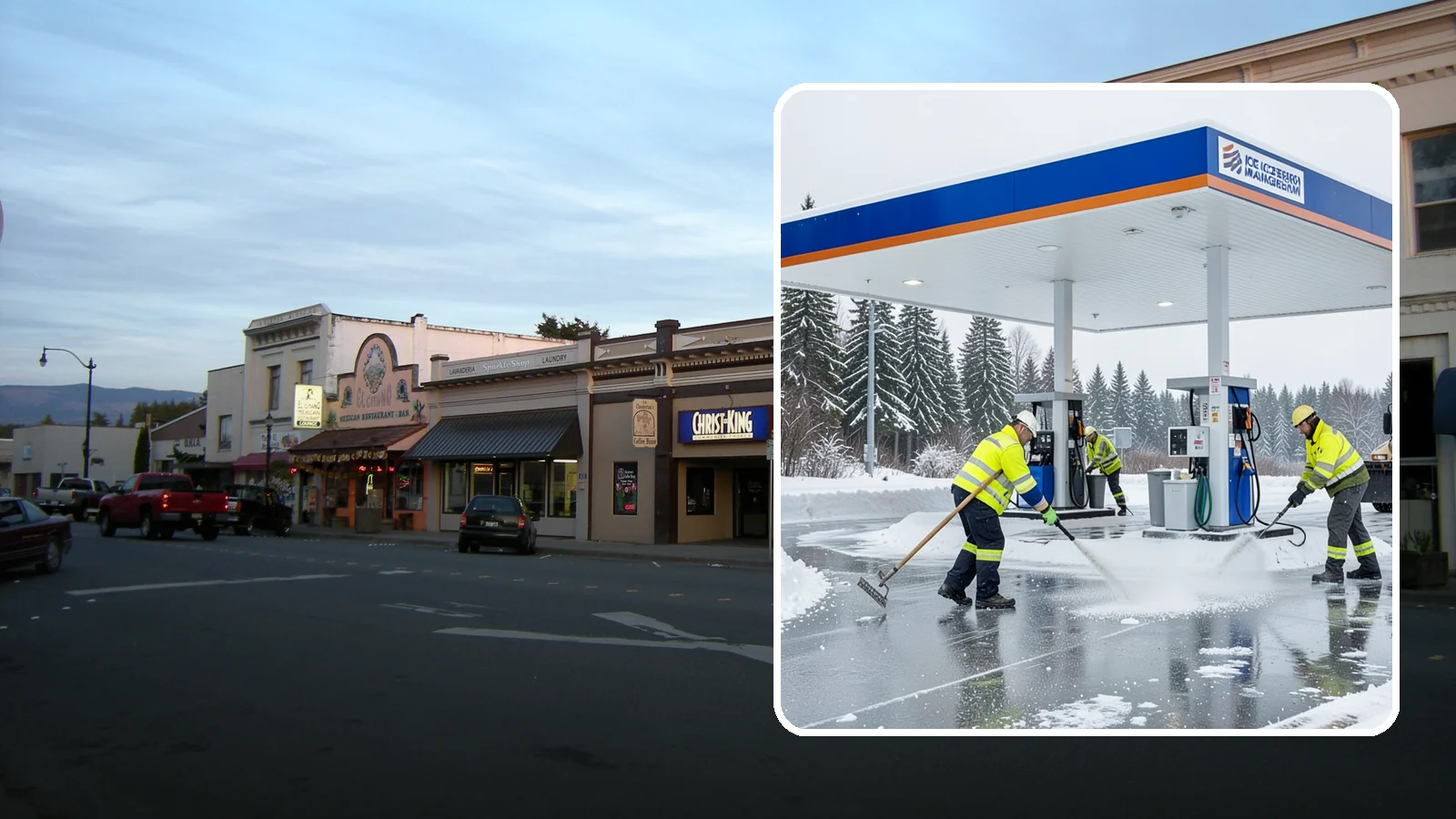 Gas Station Deicing in Burlington, Skagit County, WA - Deicing for gas stations and convenience stores, keeping fuel islands, pump approaches, and store entrances safe during a hard...