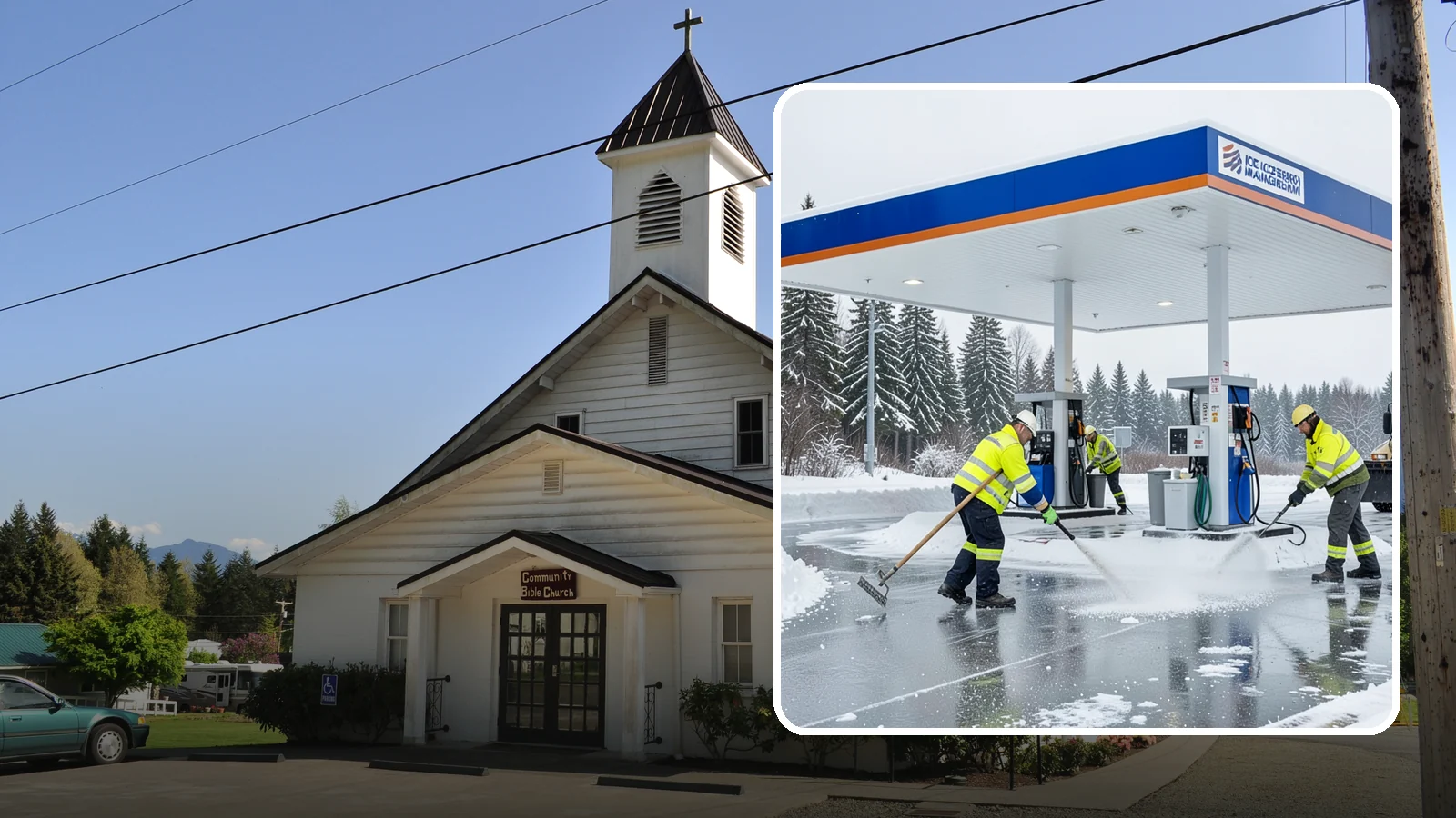Gas Station Deicing in Concrete, Skagit County, WA - Deicing for gas stations and convenience stores, keeping fuel islands, pump approaches, and store entrances safe during a hard...
