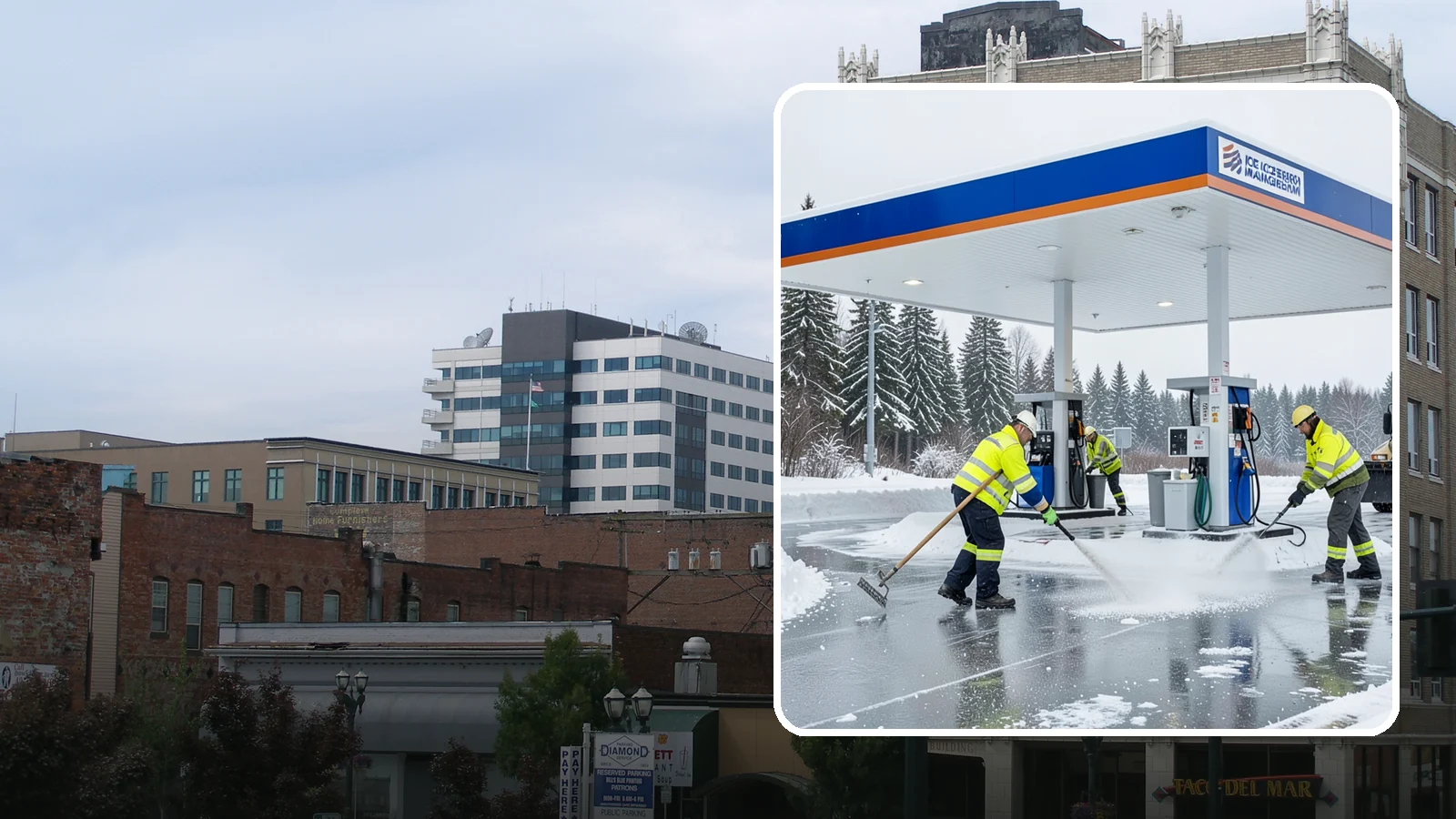 Gas Station Deicing in Everett, Snohomish County, WA - Deicing for gas stations and convenience stores, keeping fuel islands, pump approaches, and store entrances safe during a hard...