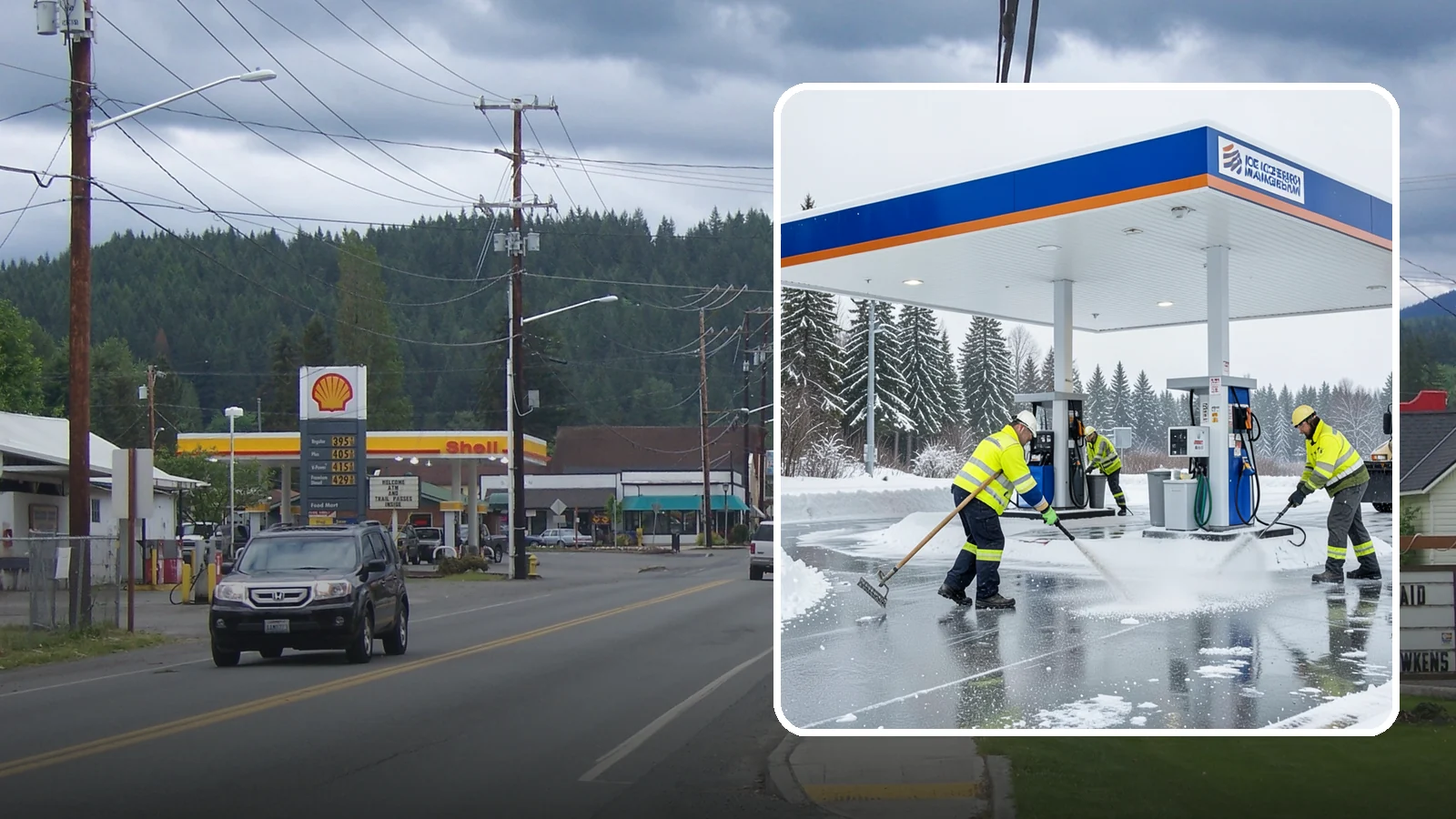 Gas Station Deicing in Granite Falls, Snohomish County, WA - Deicing for gas stations and convenience stores, keeping fuel islands, pump approaches, and store entrances safe during a hard...