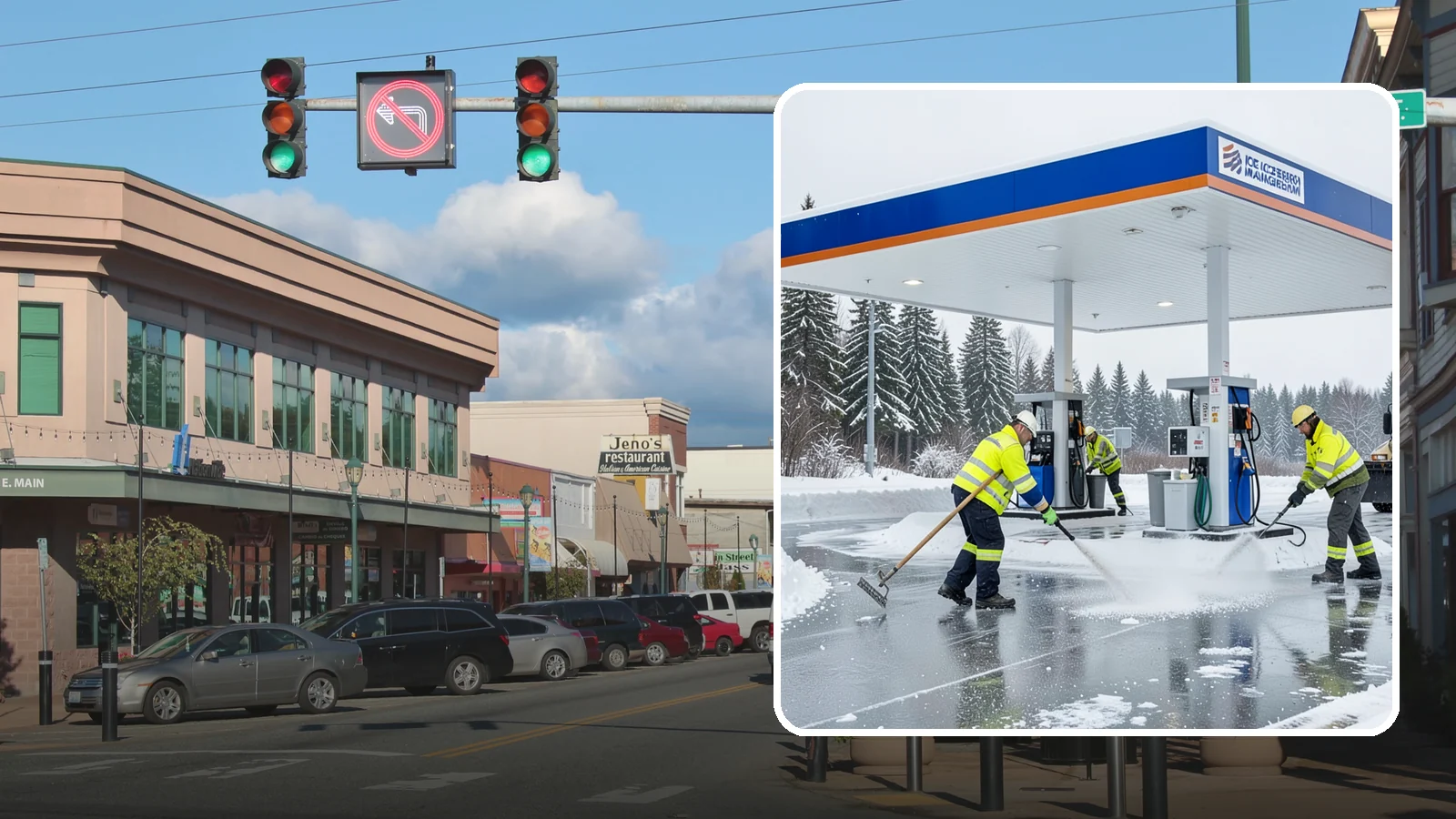 Gas Station Deicing in Monroe, Snohomish County, WA - Deicing for gas stations and convenience stores, keeping fuel islands, pump approaches, and store entrances safe during a hard...