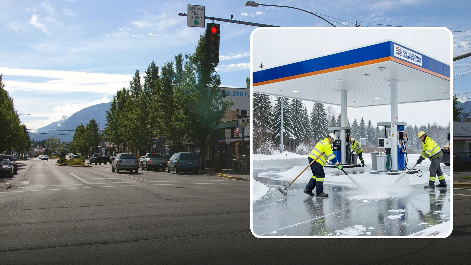 Gas Station Deicing in North Bend, King County, WA - Deicing for gas stations and convenience stores, keeping fuel islands, pump approaches, and store entrances safe during a hard...