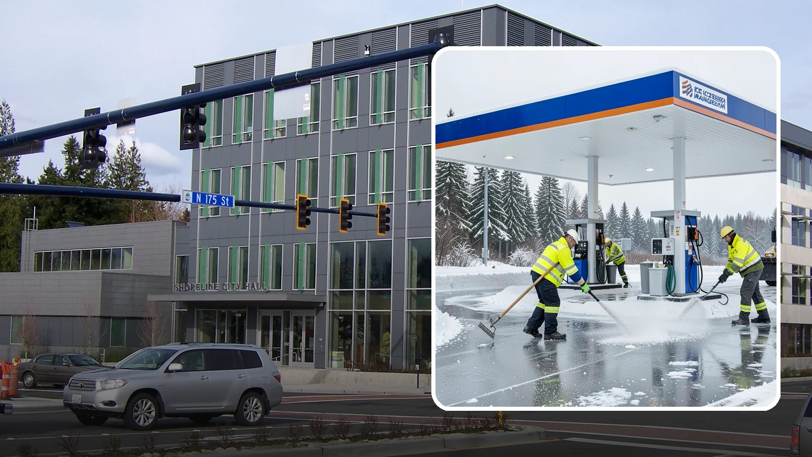 Gas Station Deicing in Shoreline, King County, WA - Deicing for gas stations and convenience stores, keeping fuel islands, pump approaches, and store entrances safe during a hard...