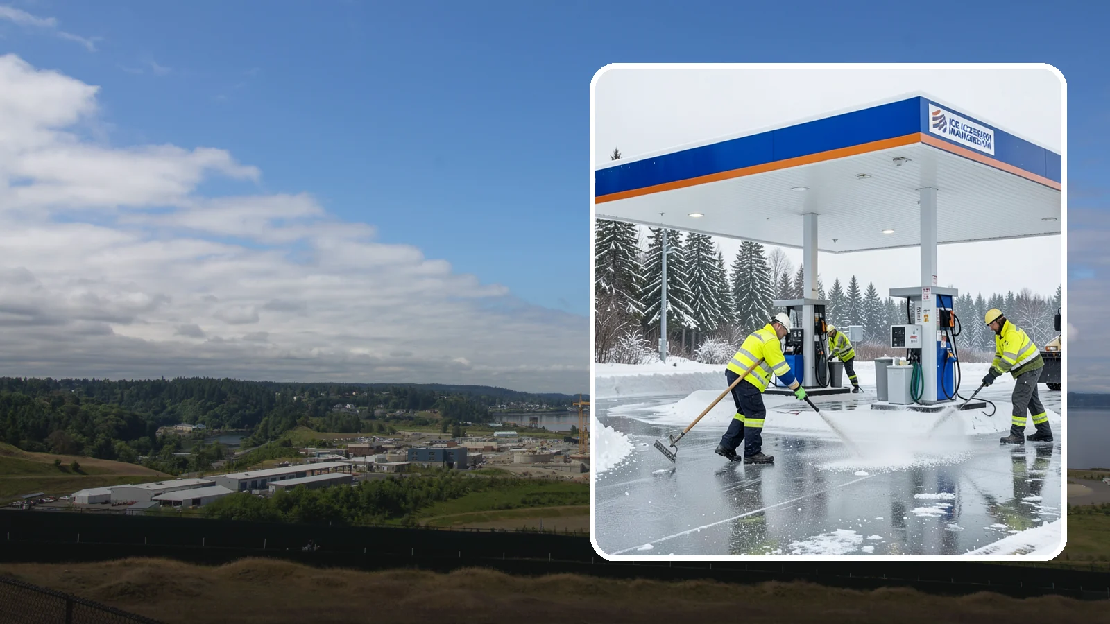 Gas Station Deicing in University Place, Pierce County, WA - Deicing for gas stations and convenience stores, keeping fuel islands, pump approaches, and store entrances safe during a hard...