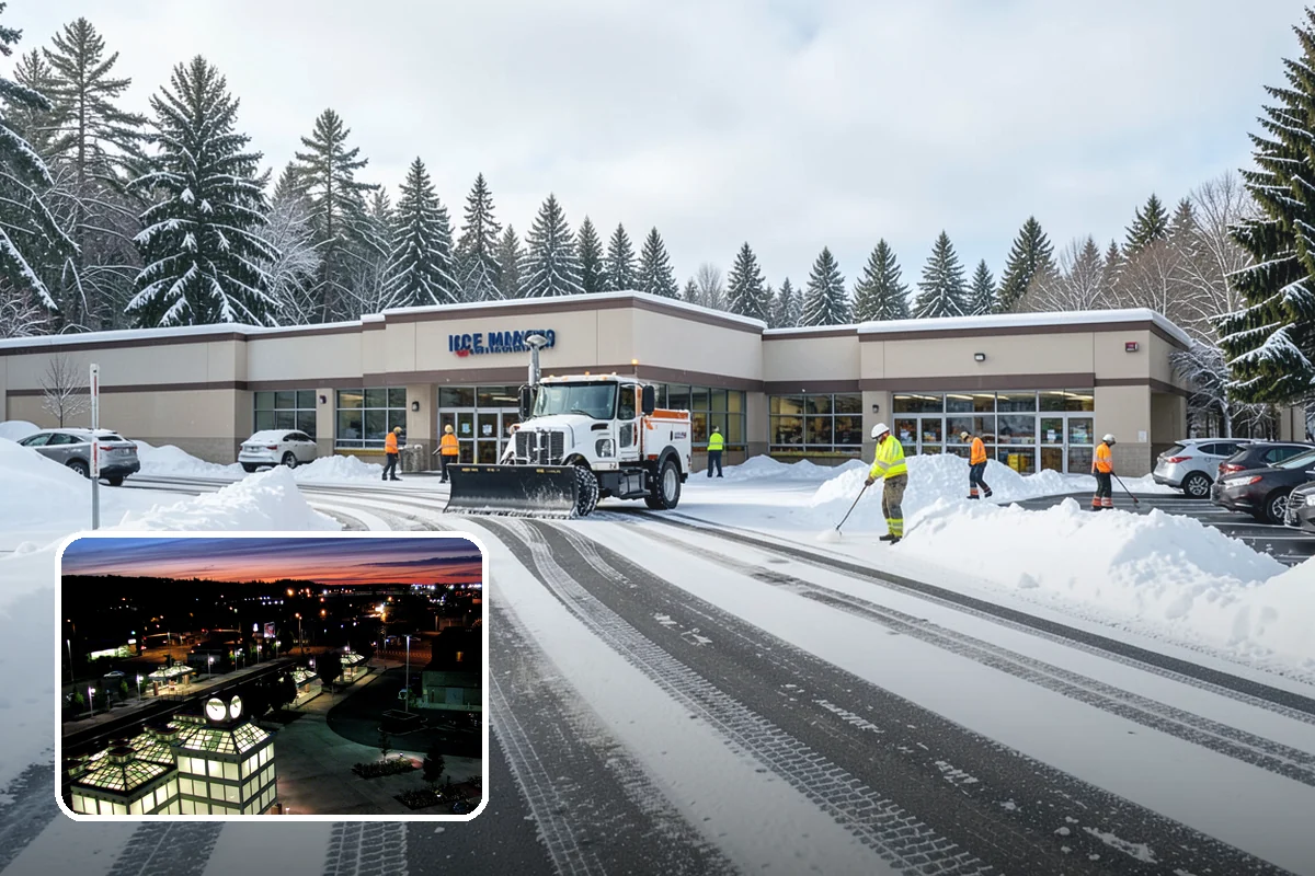 Gas Station Parking Lot Snow Removal in Auburn, King County, WA - Pump lanes and parking stay open for constant fuel traffic