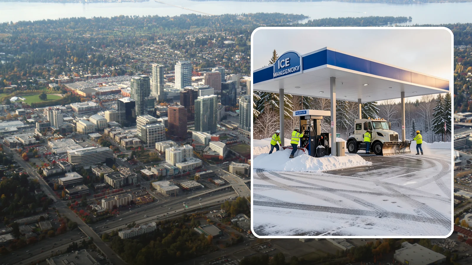 Gas Station Parking Lot Snow Removal in Bellevue, King County, WA - We clear gas station lots and fuel islands around the clock so Western Washington drivers refuel safely in winter.