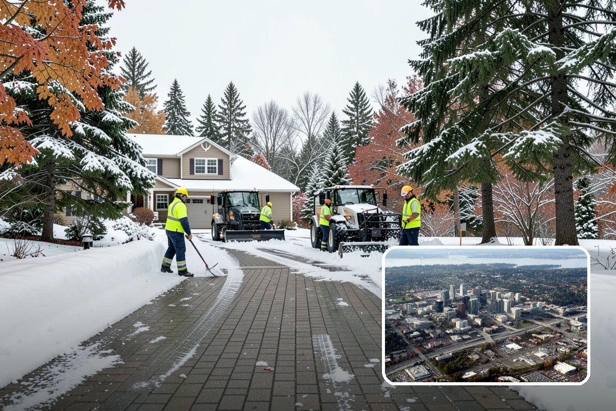 Gas Station Parking Lot Snow Removal in Bellevue, King County, WA - Pump lanes and parking stay open for constant fuel traffic