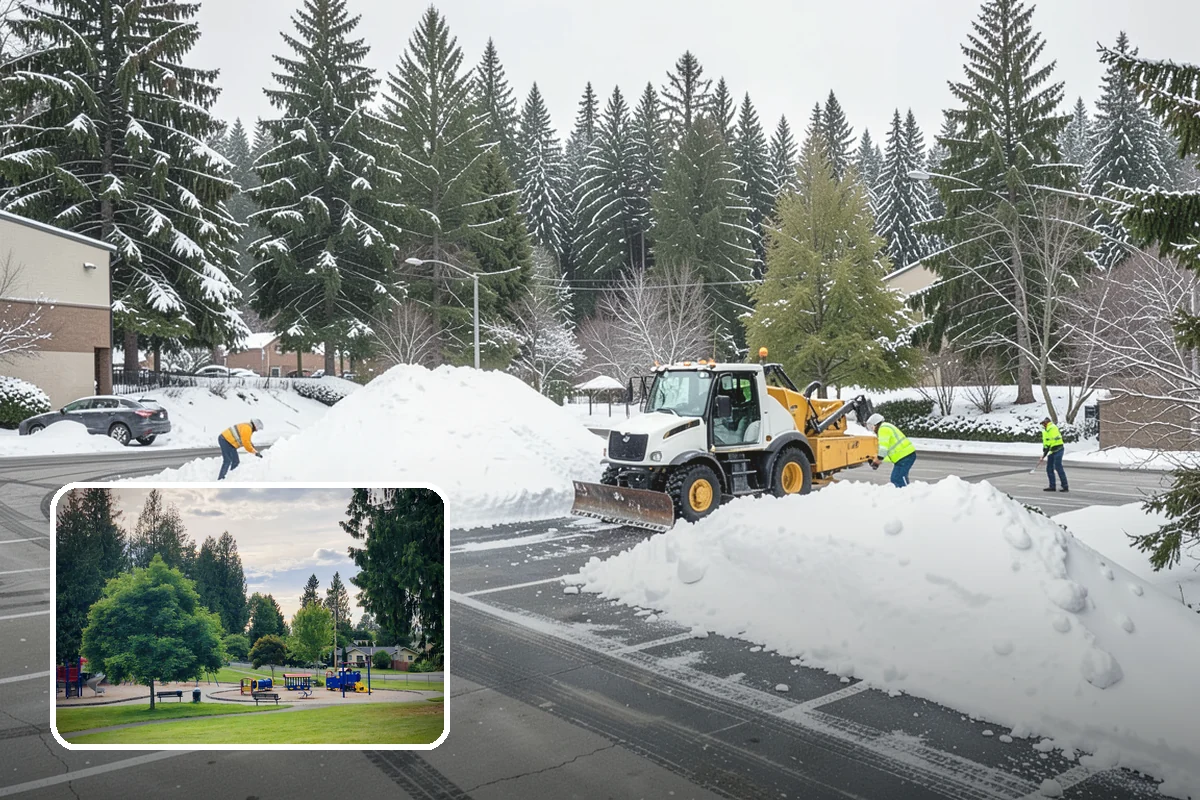 Gas Station Parking Lot Snow Removal in Bonney Lake, Pierce County, WA - Pump lanes and parking stay open for constant fuel traffic