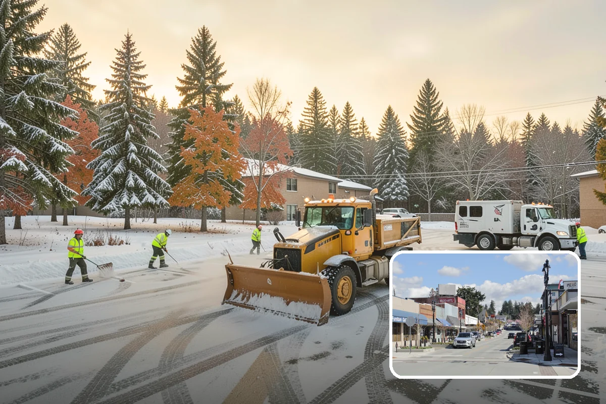Gas Station Parking Lot Snow Removal in Bothell, King County, WA - Pump lanes and parking stay open for constant fuel traffic