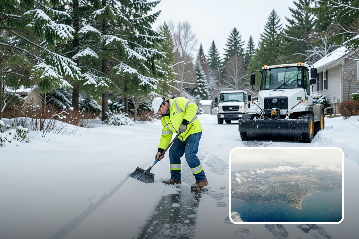 Gas Station Parking Lot Snow Removal in Burien, King County, WA - Pump lanes and parking stay open for constant fuel traffic