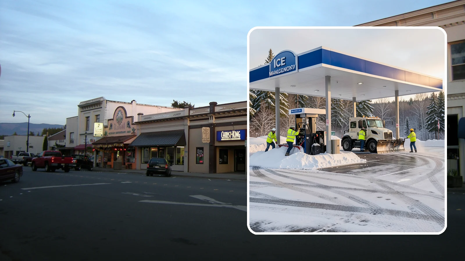 Gas Station Parking Lot Snow Removal in Burlington, Skagit County, WA - We clear gas station lots and fuel islands around the clock so Western Washington drivers refuel safely in winter.
