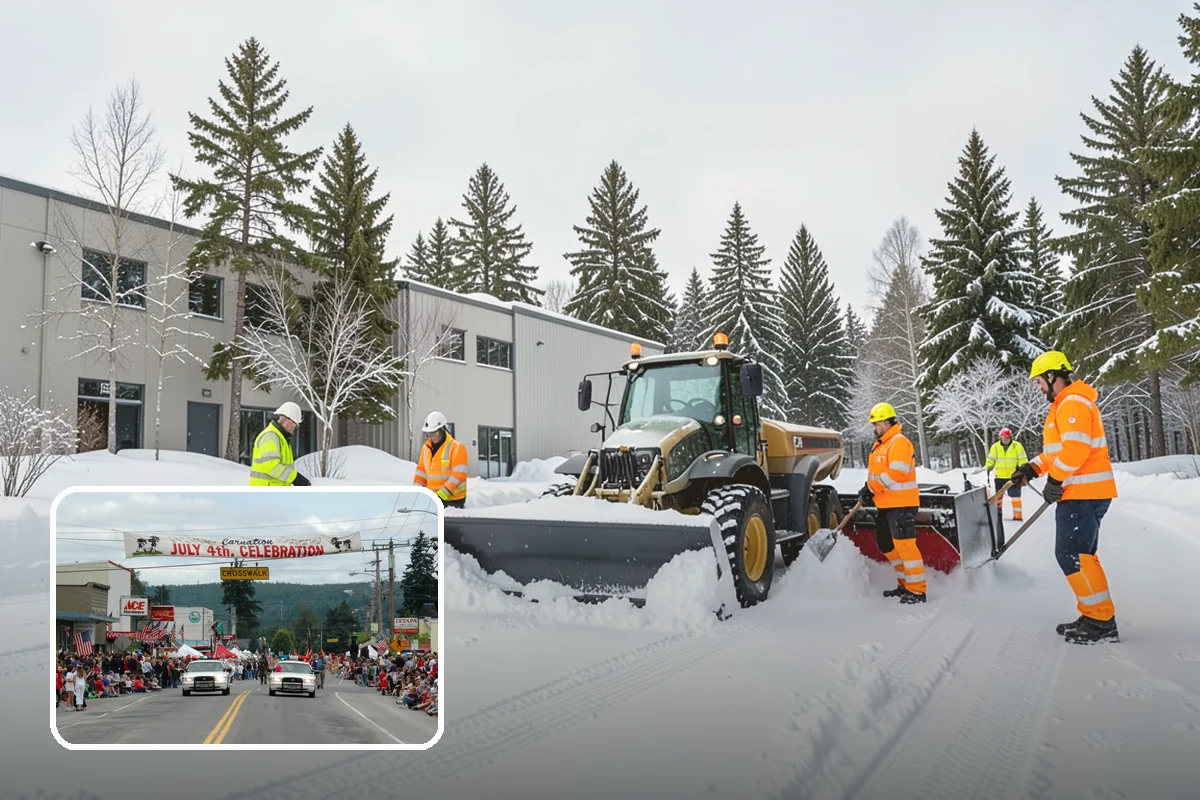 Gas Station Parking Lot Snow Removal in Carnation, King County, WA - Pump lanes and parking stay open for constant fuel traffic