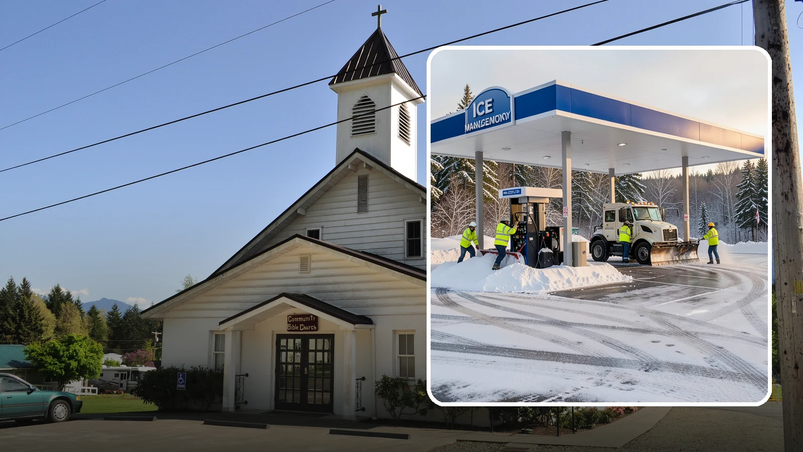Gas Station Parking Lot Snow Removal in Concrete, Skagit County, WA - We clear gas station lots and fuel islands around the clock so Western Washington drivers refuel safely in winter.