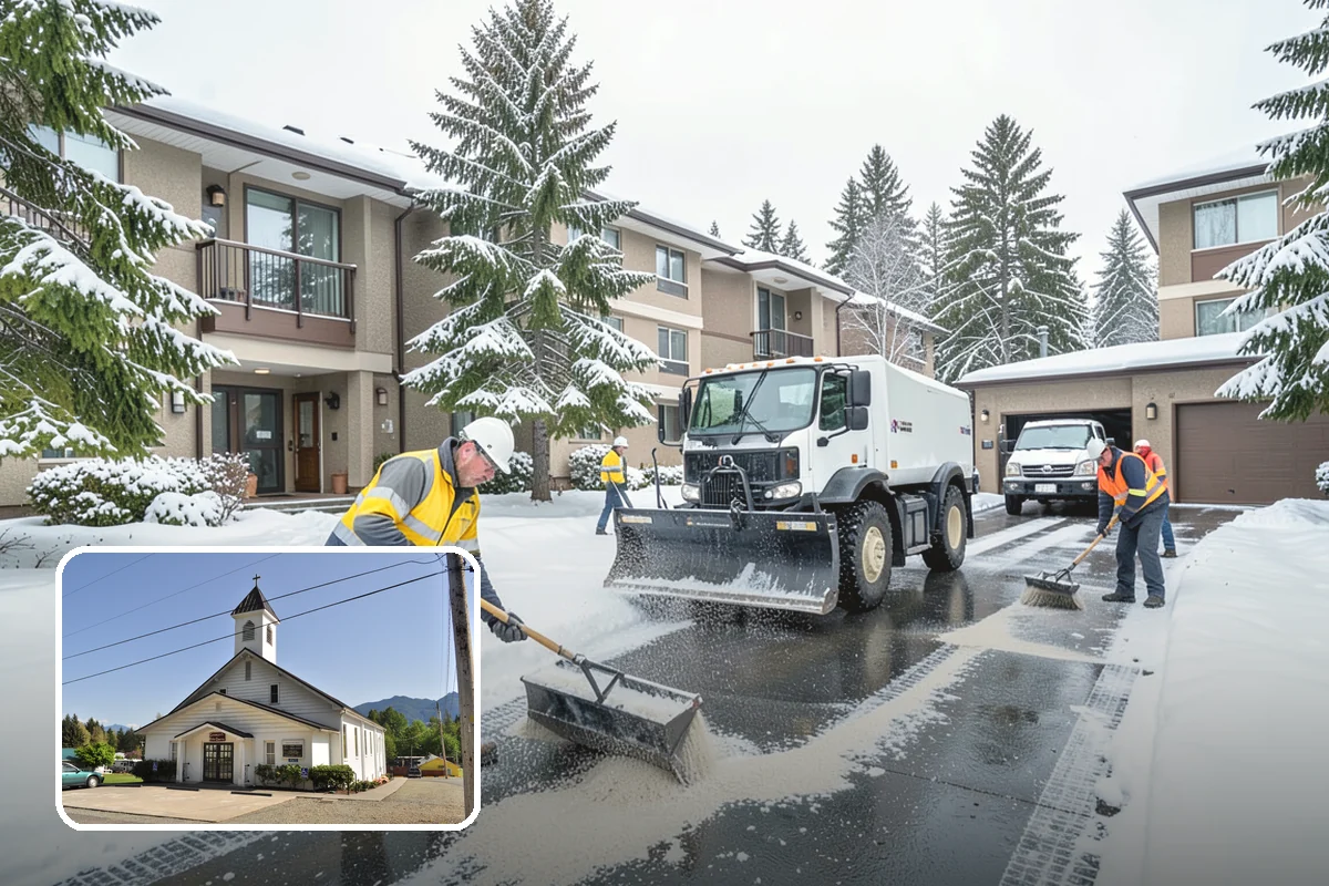 Gas Station Parking Lot Snow Removal in Concrete, Skagit County, WA - Pump lanes and parking stay open for constant fuel traffic