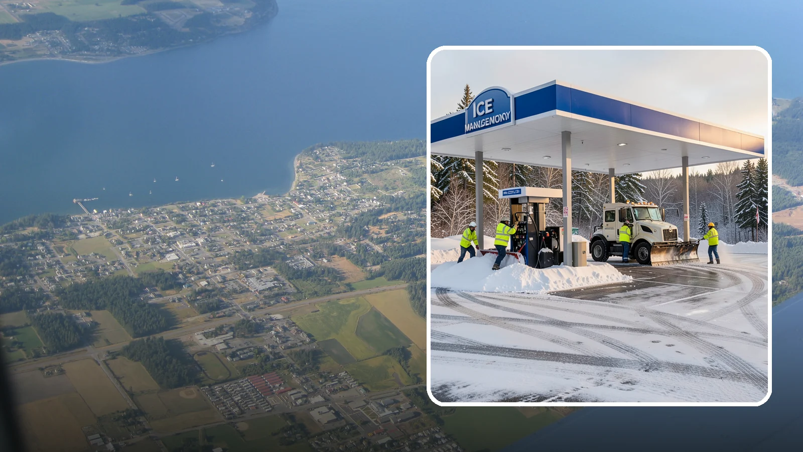 Gas Station Parking Lot Snow Removal in Coupeville, Island County, WA - We clear gas station lots and fuel islands around the clock so Western Washington drivers refuel safely in winter.