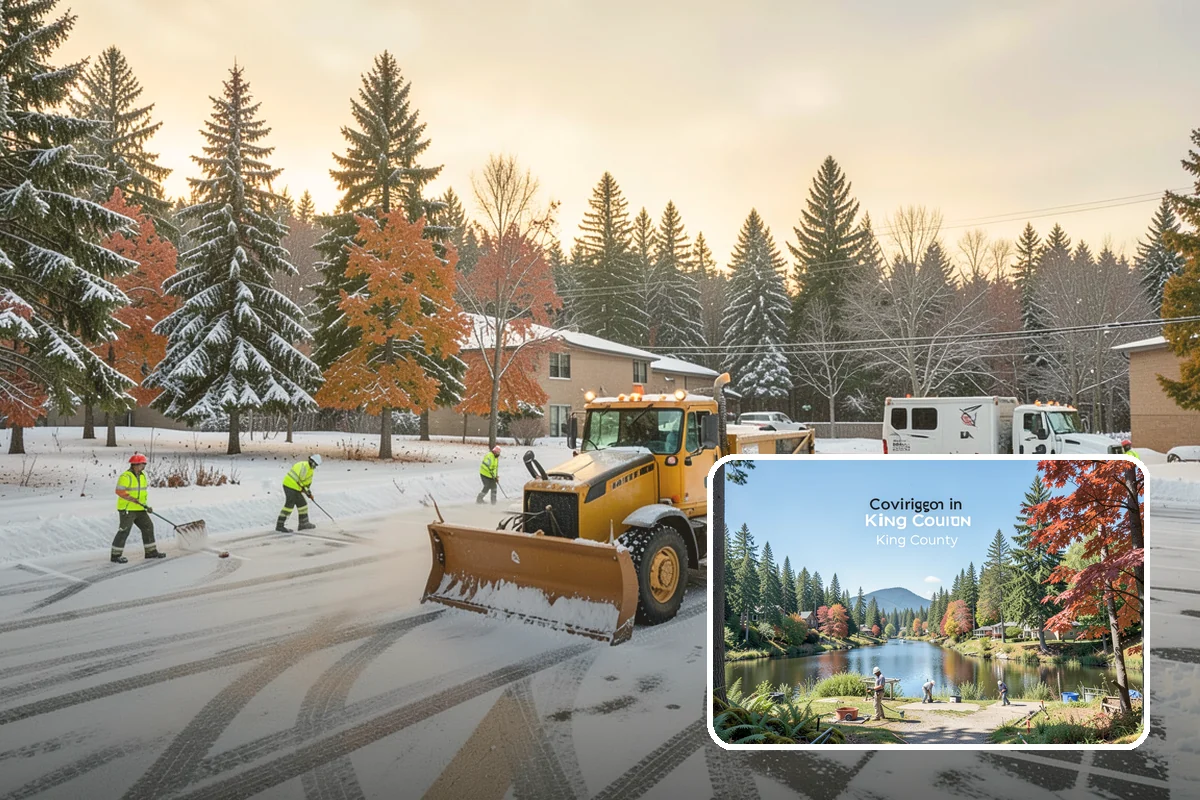Gas Station Parking Lot Snow Removal in Covington, King County, WA - Pump lanes and parking stay open for constant fuel traffic