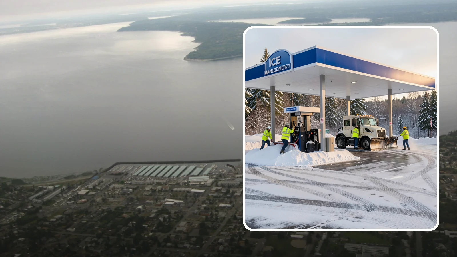 Gas Station Parking Lot Snow Removal in Des Moines, King County, WA - We clear gas station lots and fuel islands around the clock so Western Washington drivers refuel safely in winter.