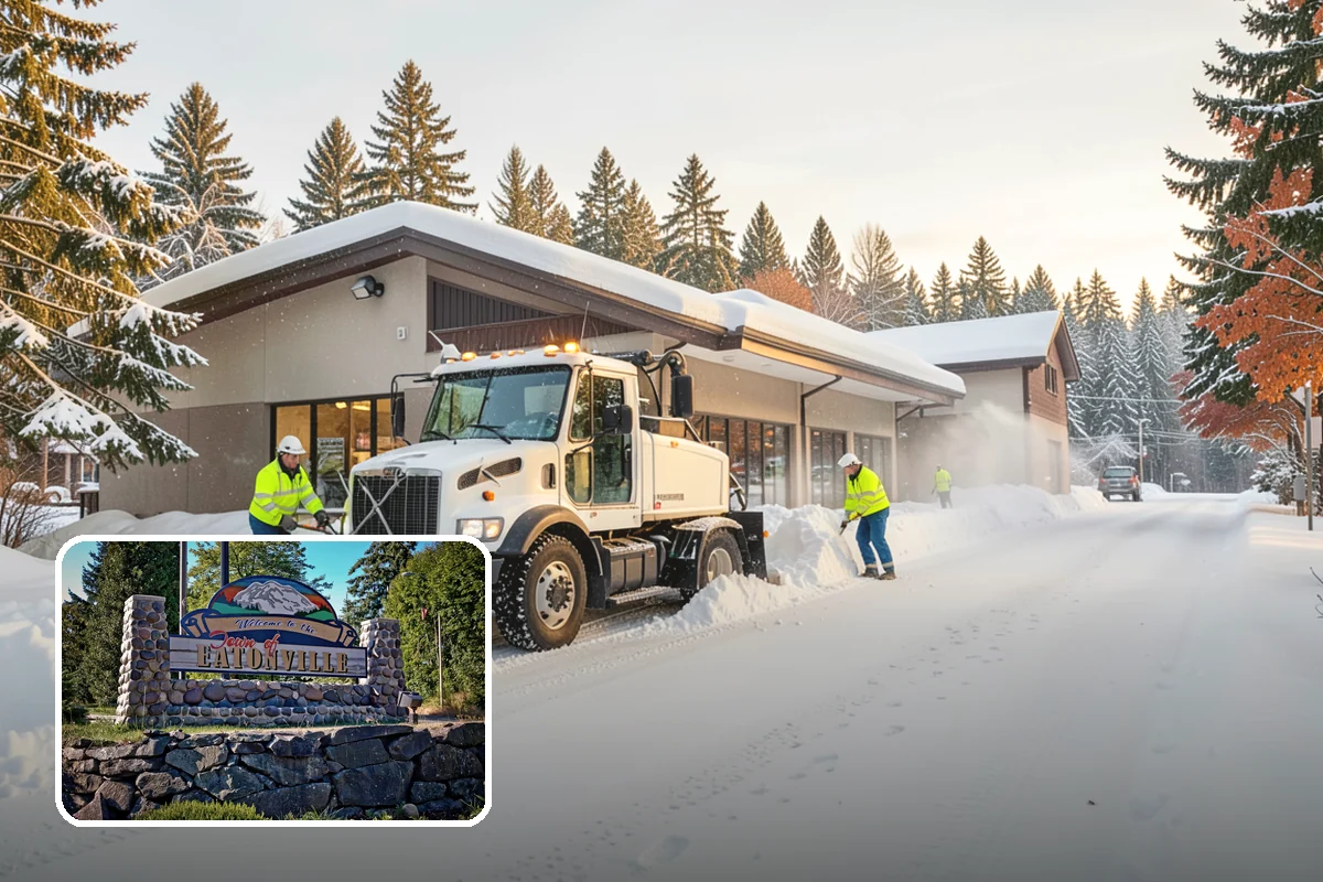 Gas Station Parking Lot Snow Removal in Eatonville, Pierce County, WA - Pump lanes and parking stay open for constant fuel traffic