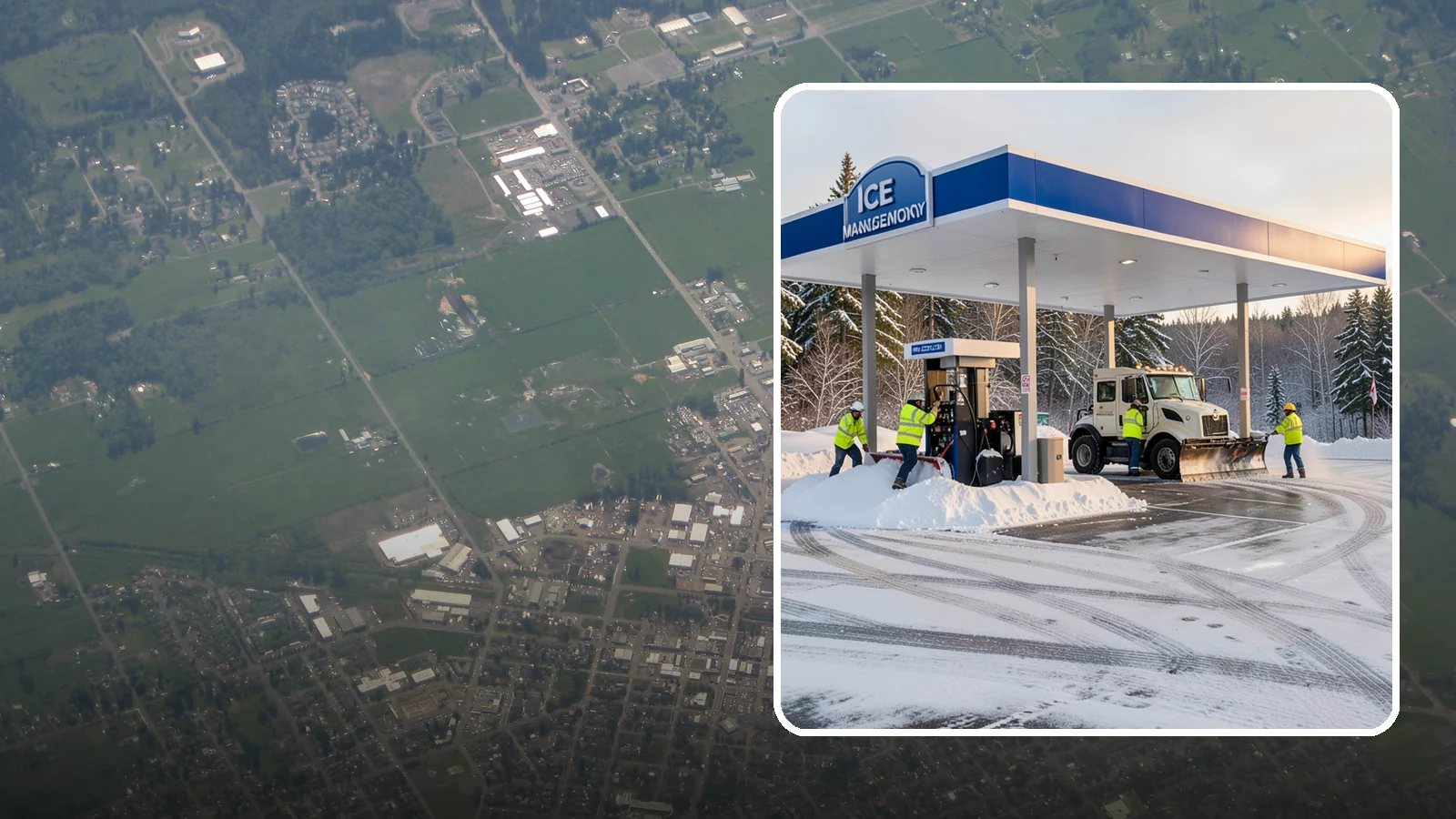 Gas Station Parking Lot Snow Removal in Enumclaw, King County, WA - We clear gas station lots and fuel islands around the clock so Western Washington drivers refuel safely in winter.