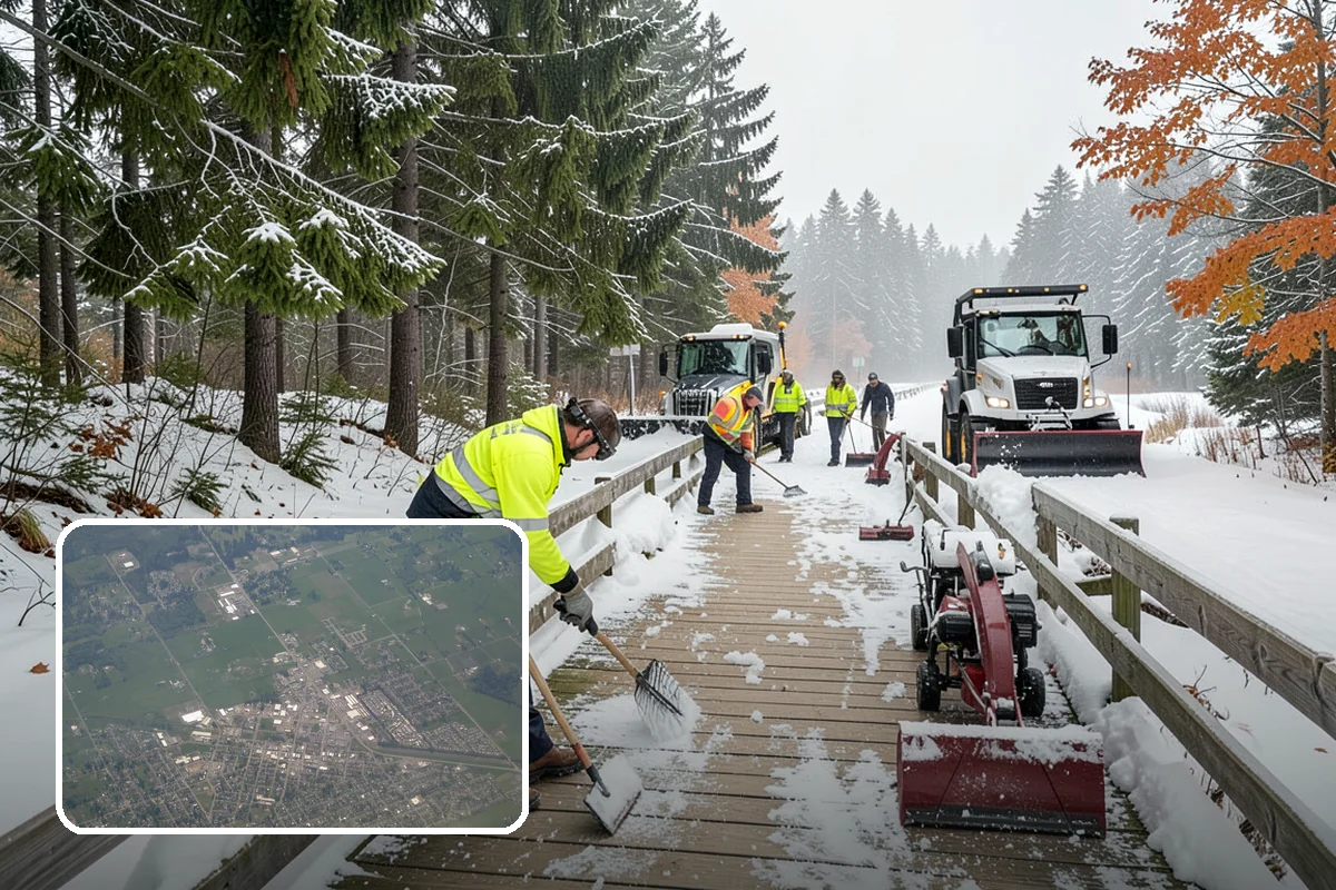 Gas Station Parking Lot Snow Removal in Enumclaw, King County, WA - Pump lanes and parking stay open for constant fuel traffic