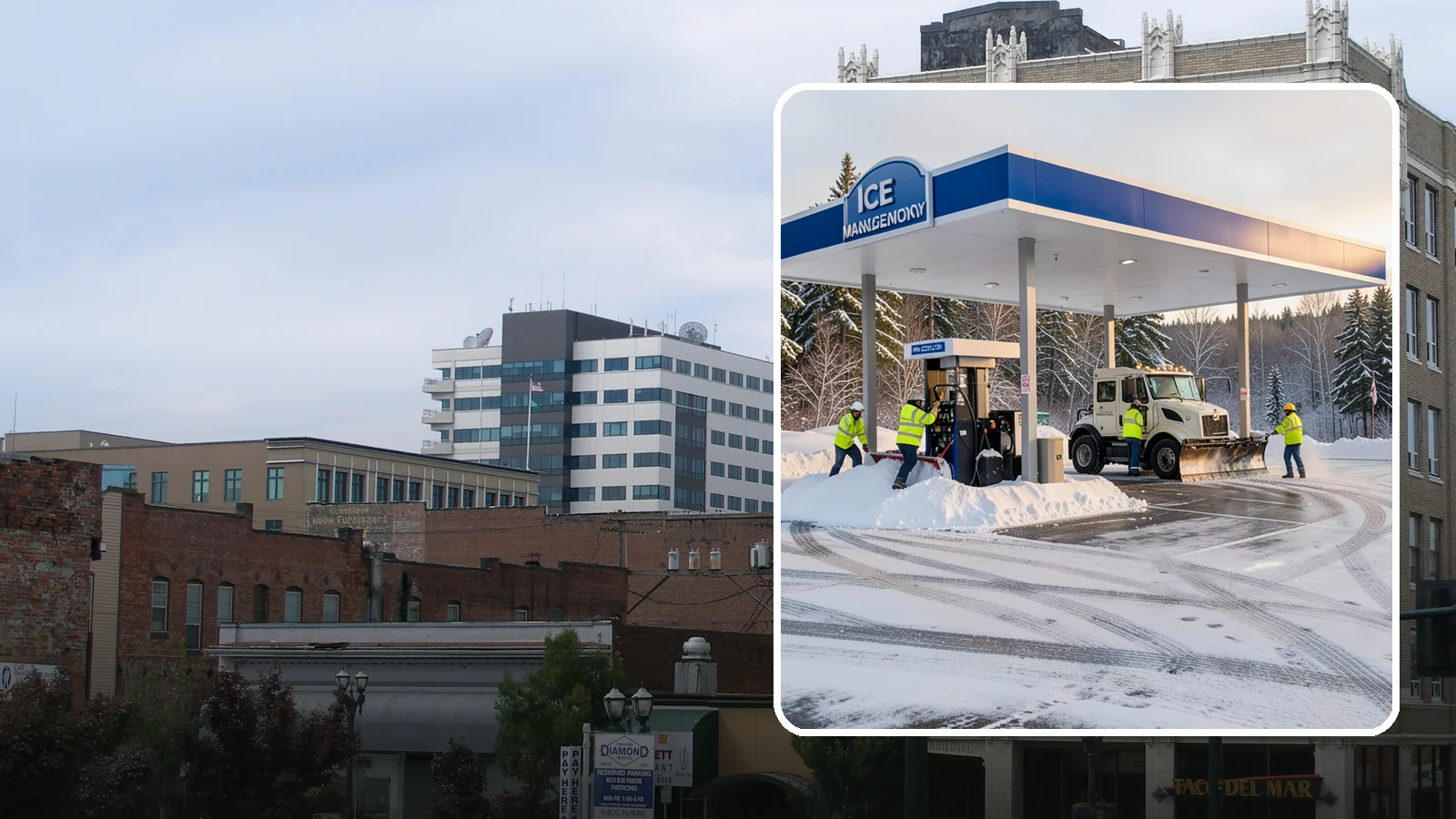 Gas Station Parking Lot Snow Removal in Everett, Snohomish County, WA - We clear gas station lots and fuel islands around the clock so Western Washington drivers refuel safely in winter.