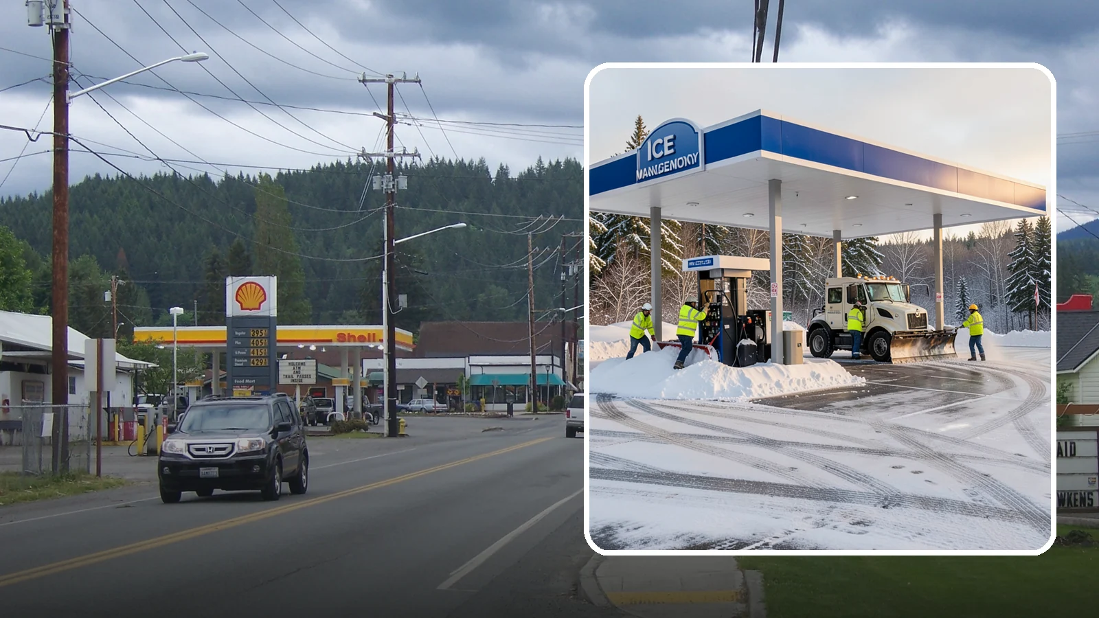 Gas Station Parking Lot Snow Removal in Granite Falls, Snohomish County, WA - We clear gas station lots and fuel islands around the clock so Western Washington drivers refuel safely in winter.