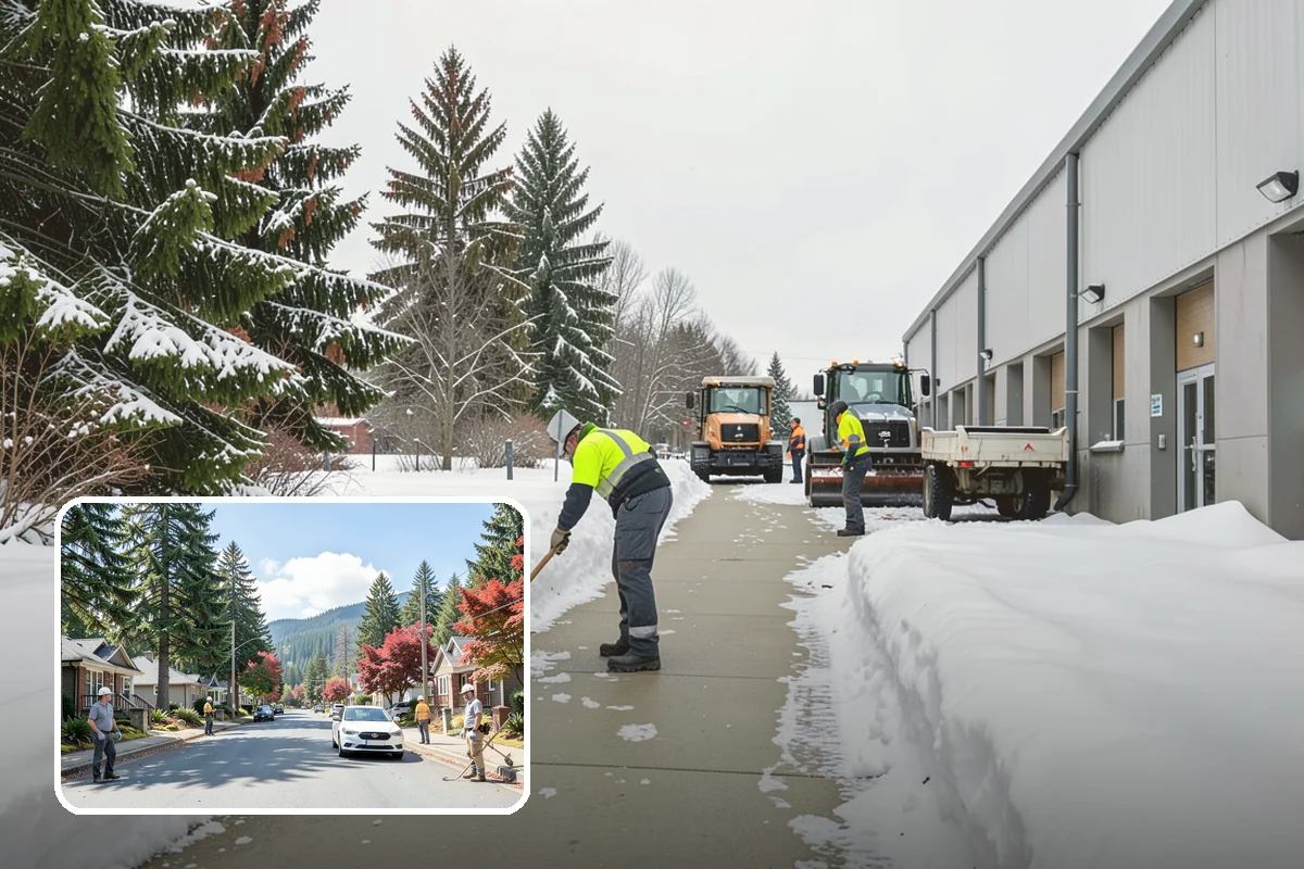 Gas Station Parking Lot Snow Removal in Hunts Point, King County, WA - Pump lanes and parking stay open for constant fuel traffic