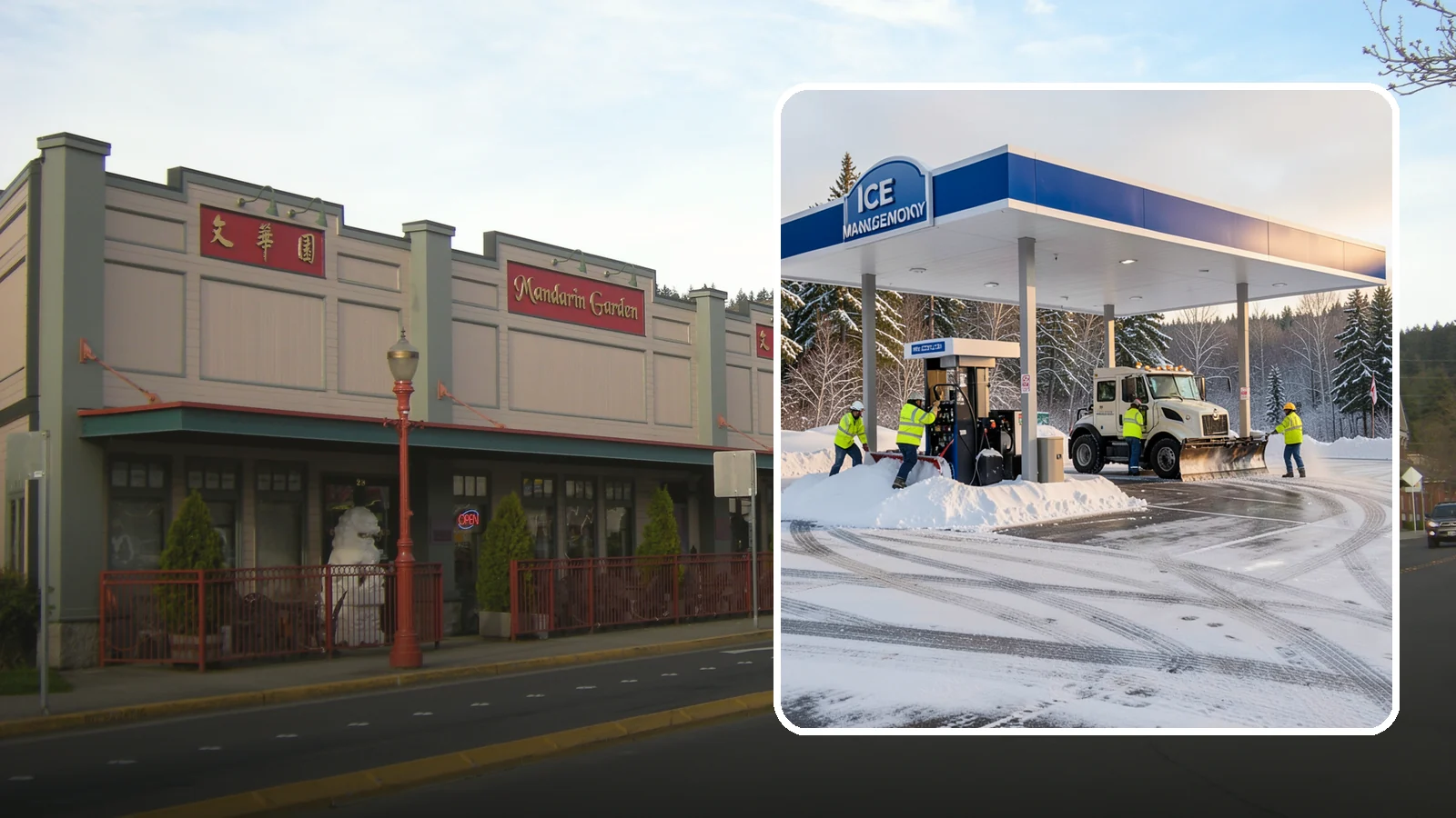 Gas Station Parking Lot Snow Removal in Issaquah, King County, WA - We clear gas station lots and fuel islands around the clock so Western Washington drivers refuel safely in winter.