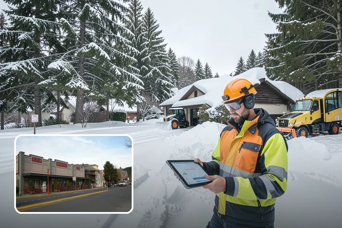 Gas Station Parking Lot Snow Removal in Issaquah, King County, WA - Pump lanes and parking stay open for constant fuel traffic