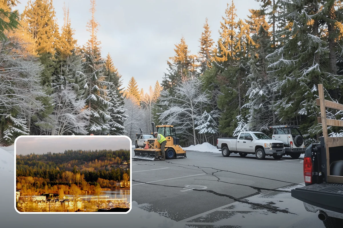 Gas Station Parking Lot Snow Removal in Kenmore, King County, WA - Pump lanes and parking stay open for constant fuel traffic