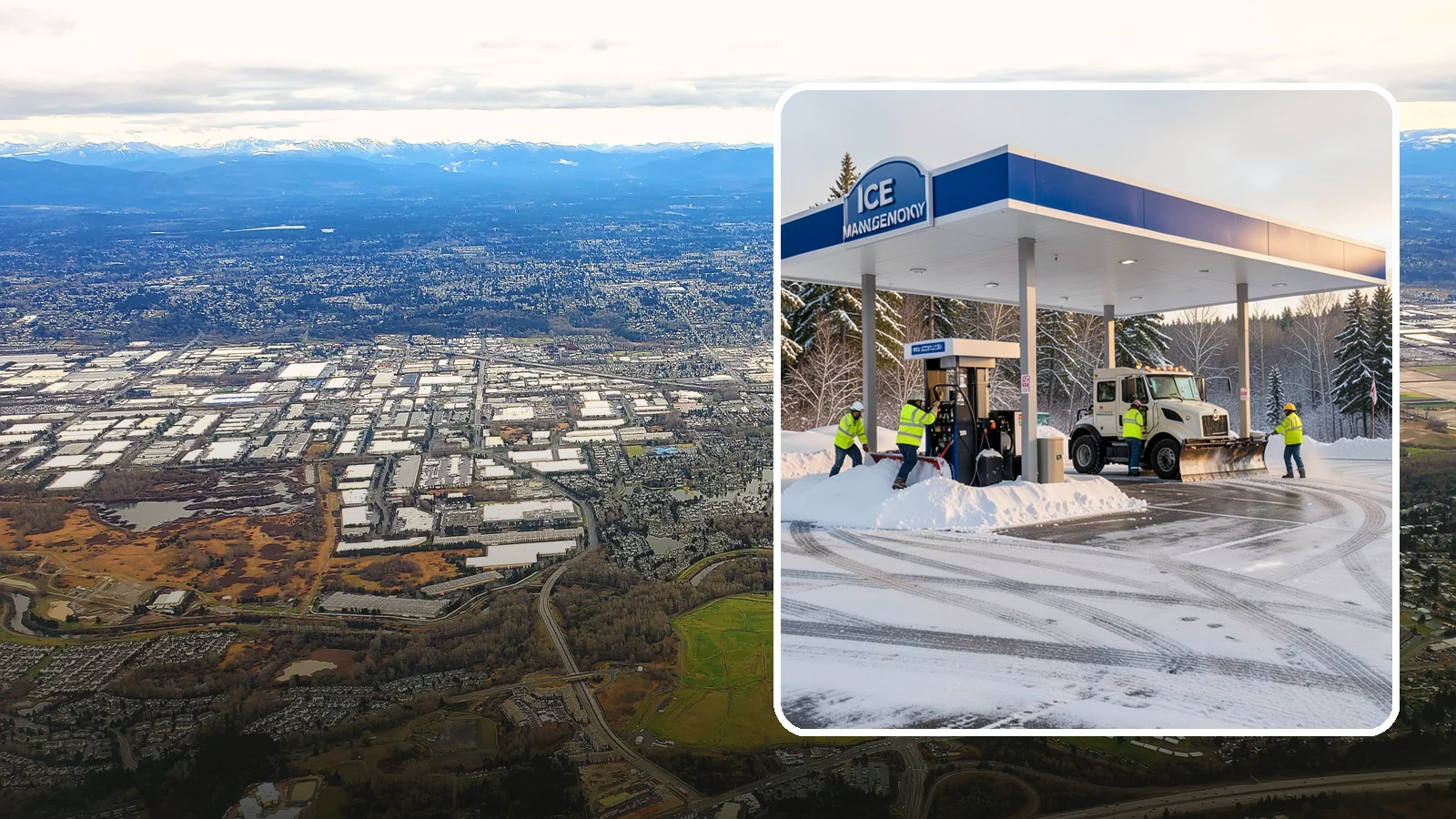 Gas Station Parking Lot Snow Removal in Kent, King County, WA - We clear gas station lots and fuel islands around the clock so Western Washington drivers refuel safely in winter.
