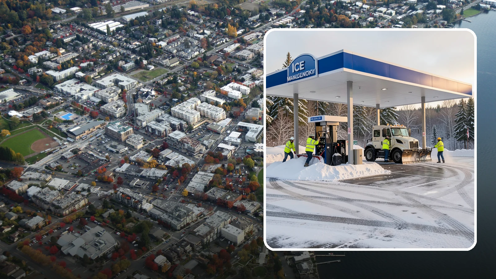 Gas Station Parking Lot Snow Removal in Kirkland, King County, WA - We clear gas station lots and fuel islands around the clock so Western Washington drivers refuel safely in winter.