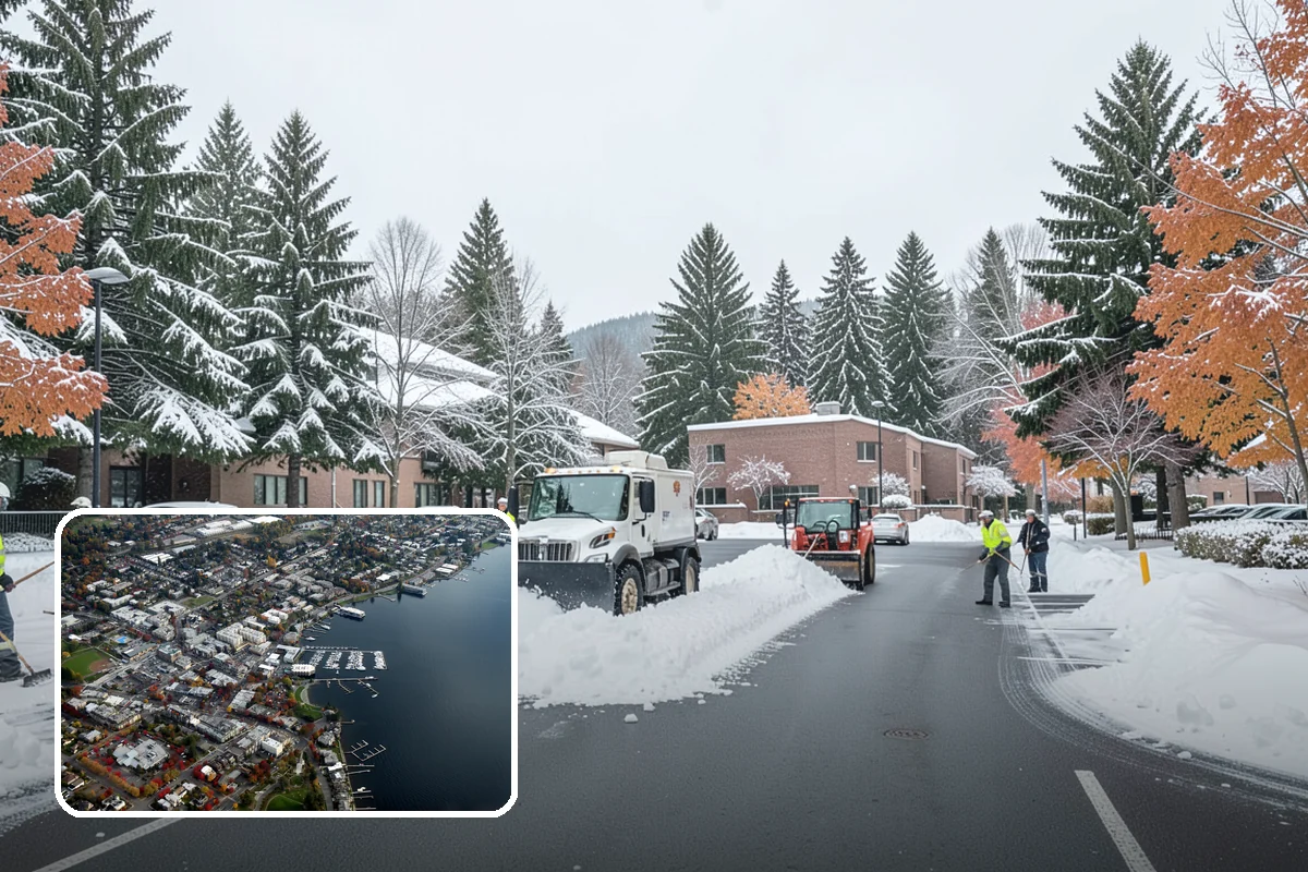 Gas Station Parking Lot Snow Removal in Kirkland, King County, WA - Pump lanes and parking stay open for constant fuel traffic