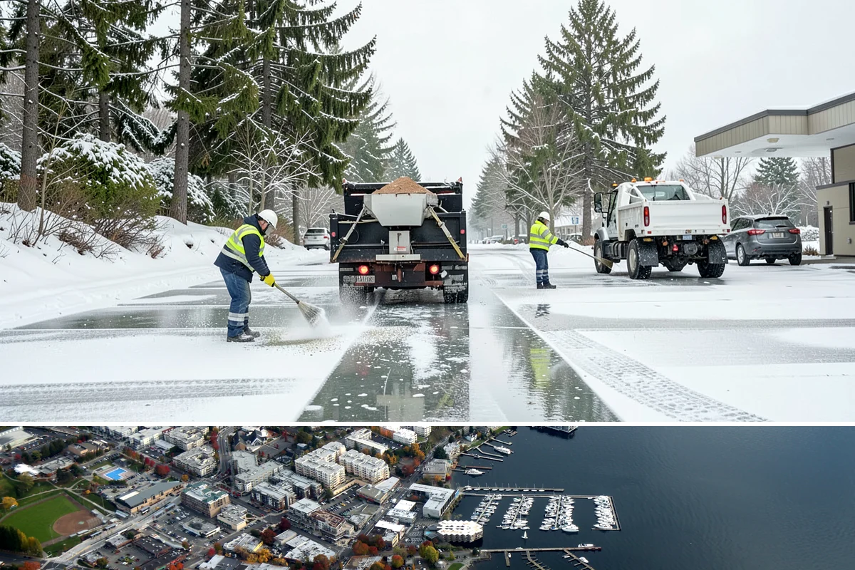 Gas Station Parking Lot Snow Removal in Kirkland, King County, WA - Gas station lots in the Puget Sound area face peak snow demand from December through February, when overnight freezes hit around...