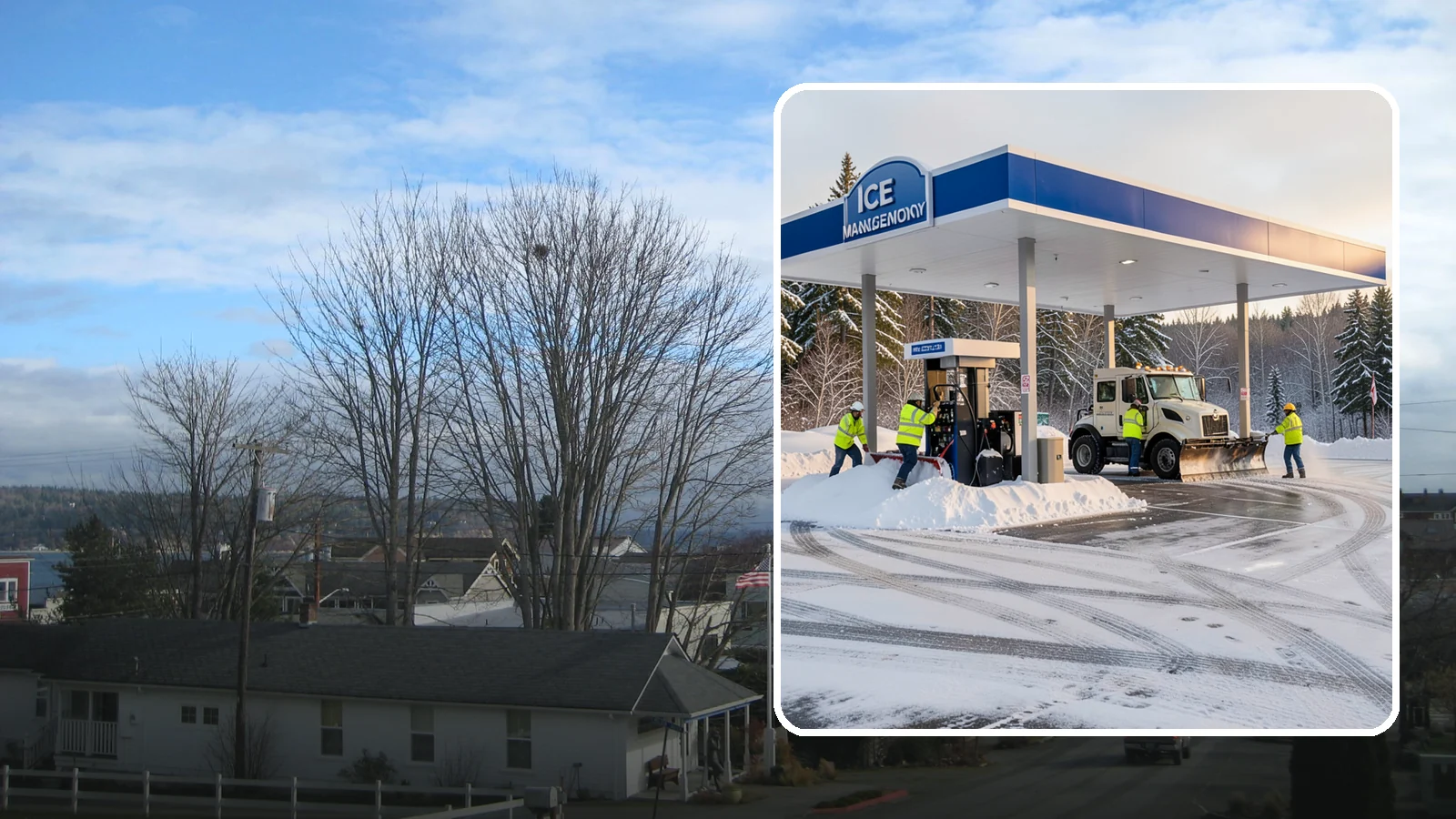 Gas Station Parking Lot Snow Removal in Langley, Island County, WA - We clear gas station lots and fuel islands around the clock so Western Washington drivers refuel safely in winter.