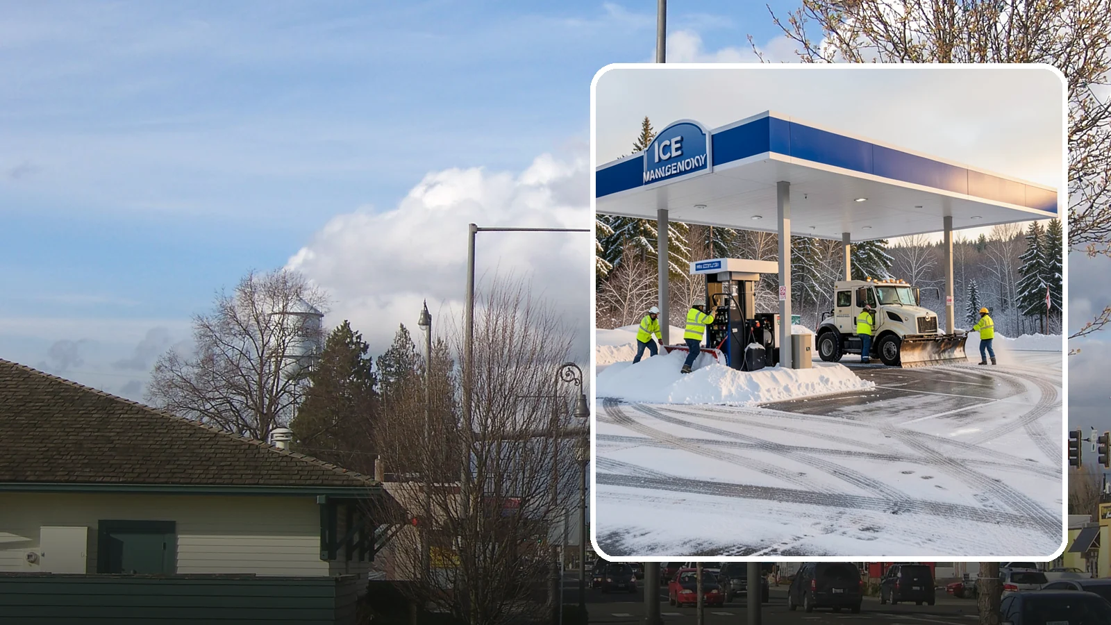 Gas Station Parking Lot Snow Removal in Marysville, Snohomish County, WA - We clear gas station lots and fuel islands around the clock so Western Washington drivers refuel safely in winter.